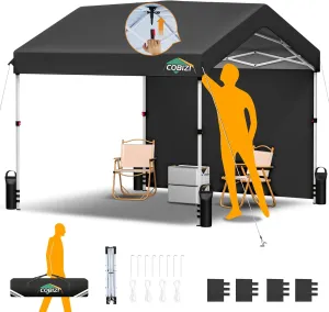 COBIZI Canopy Tent 10x10 Pop Up Canopy with One Button Push Center Lock, Portable Carport with 1 sidewall, 10x10 Carport Canopy for Parties, Commercial, Events, Waterproof, UPF 50 , Black