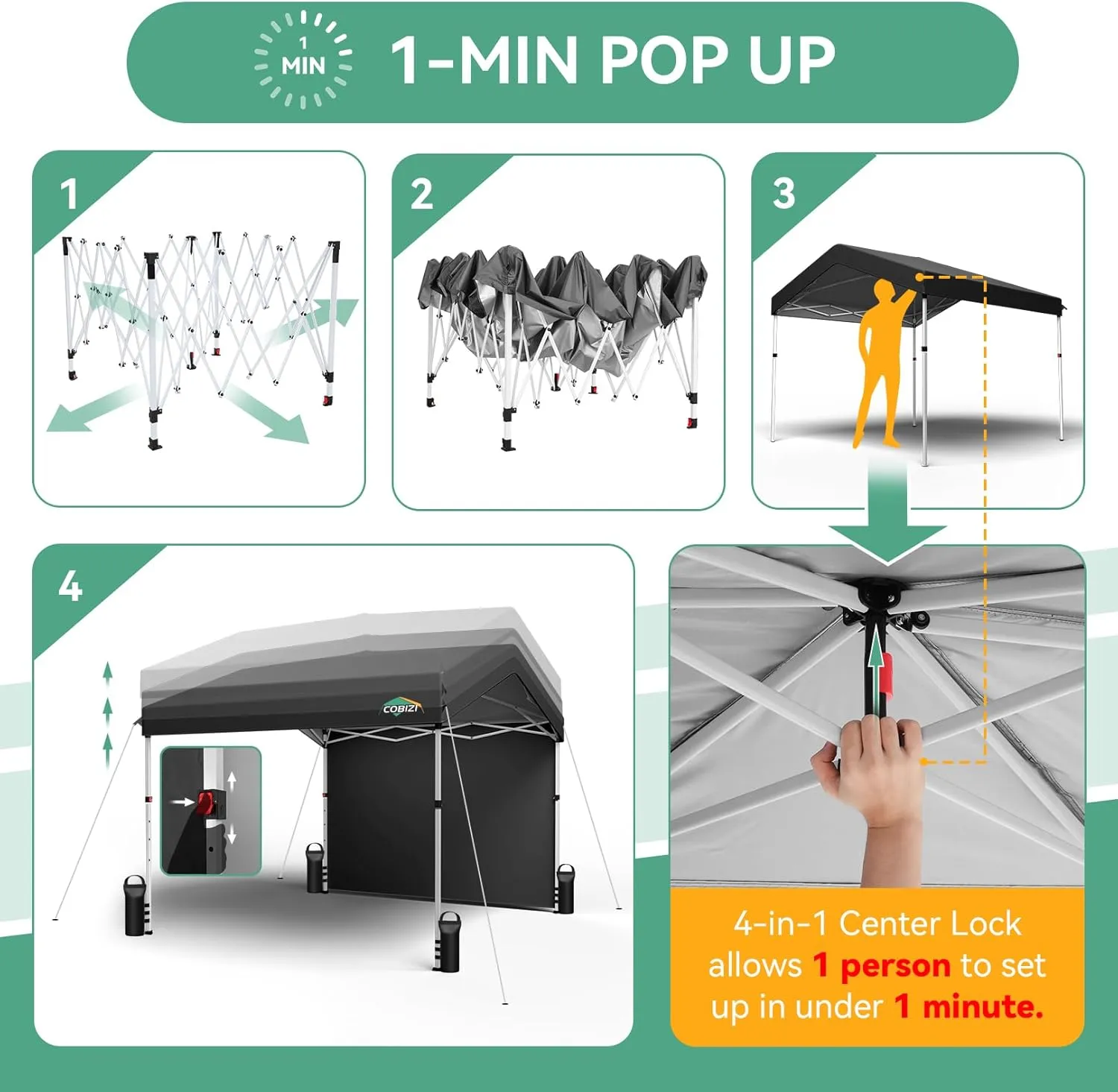 COBIZI Canopy Tent 10x10 Pop Up Canopy with One Button Push Center Lock, Portable Carport with 1 sidewall, 10x10 Carport Canopy for Parties, Commercial, Events, Waterproof, UPF 50 , Black
