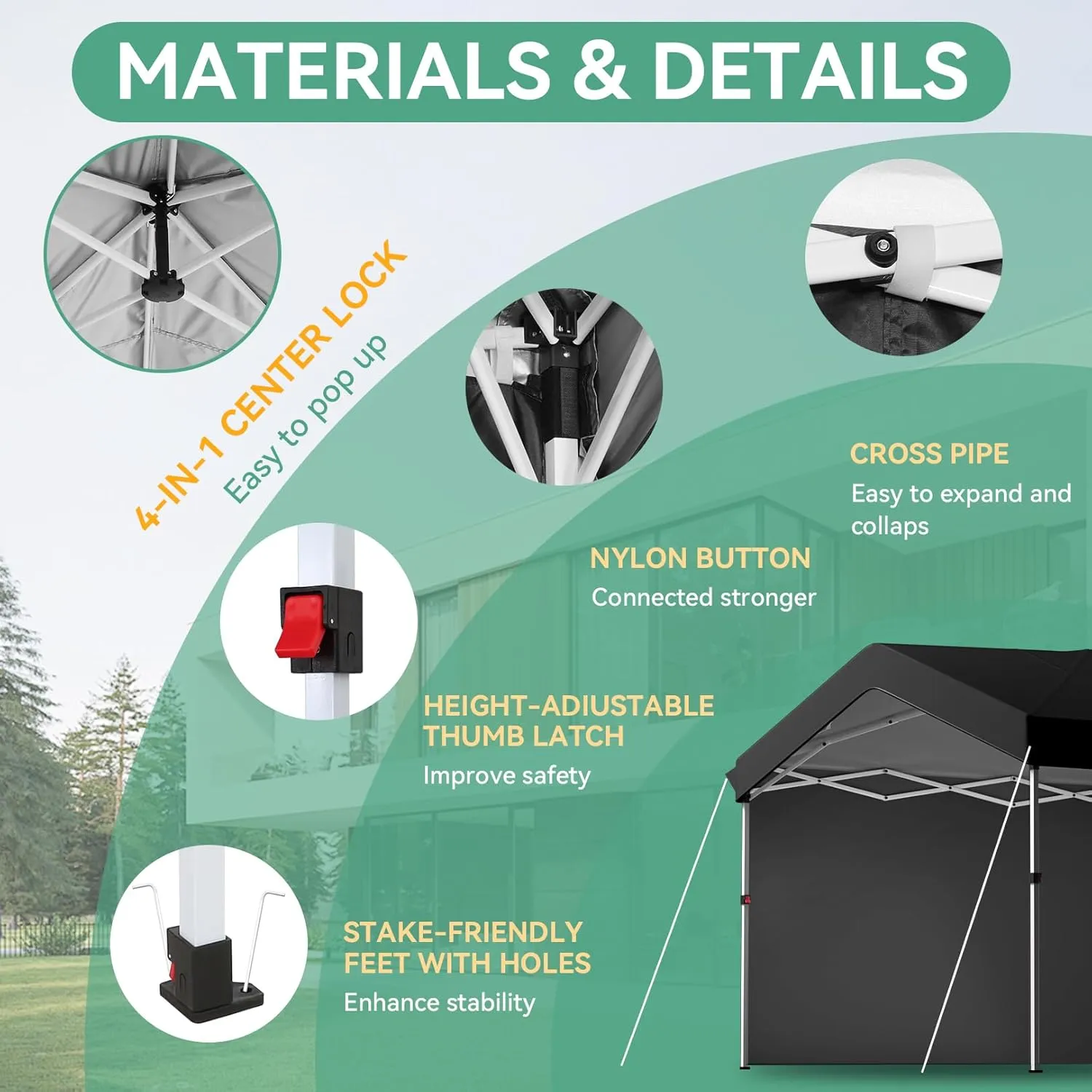 COBIZI Canopy Tent 10x10 Pop Up Canopy with One Button Push Center Lock, Portable Carport with 1 sidewall, 10x10 Carport Canopy for Parties, Commercial, Events, Waterproof, UPF 50 , Black