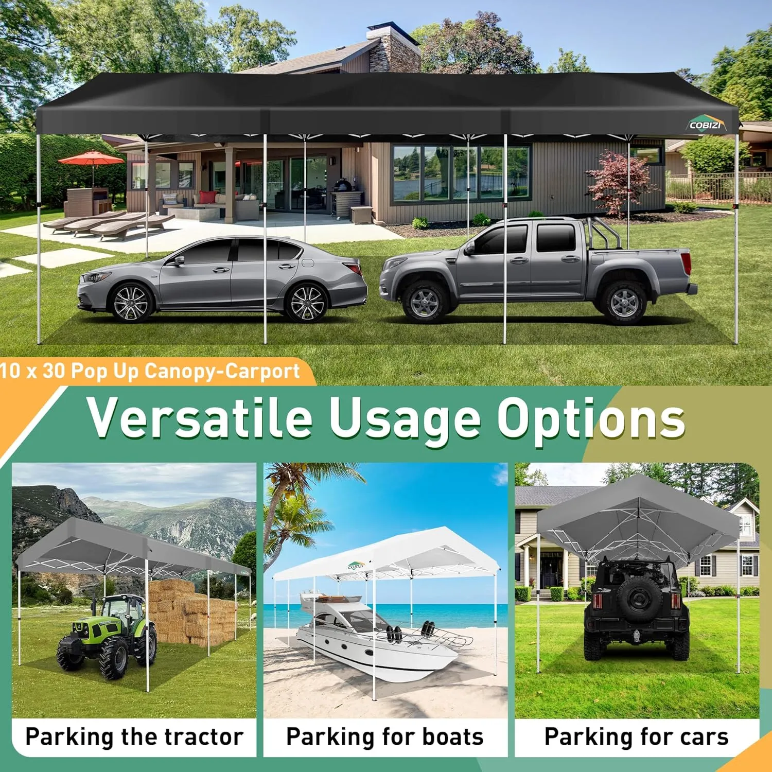 COBIZI Carport 10x30 Pop Up Canopy Car Tent with One Push Center Lock, Outdoor Portable Garage Tents for Parties UPF50  Waterproof All-Season Car Canopy with Wheeled Bag,3 Sidewalls, Adjustable Height