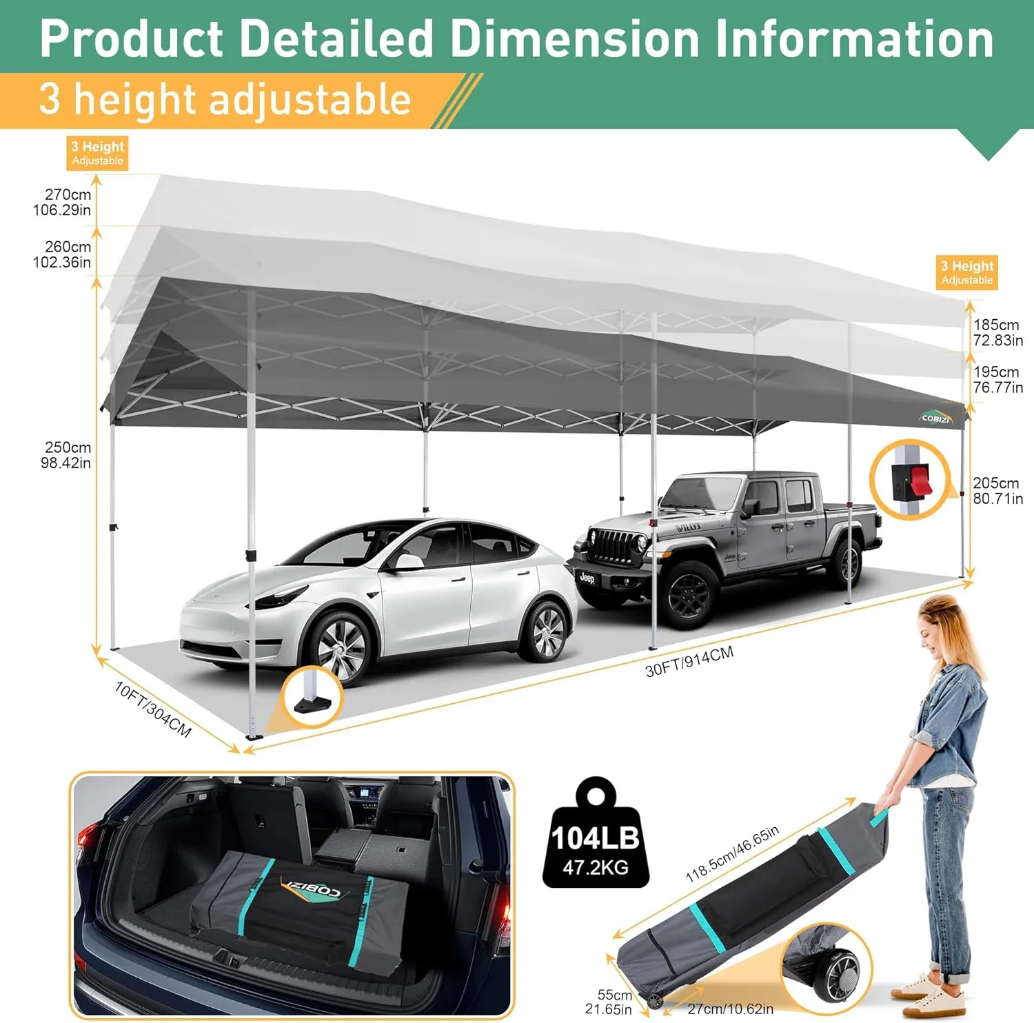 COBIZI Carport 10x30 Pop Up Canopy Car Tent with One Push Center Lock, Outdoor Portable Garage Tents for Parties UPF50  Waterproof All-Season Car Canopy with Wheeled Bag,3 Sidewalls, Adjustable Height