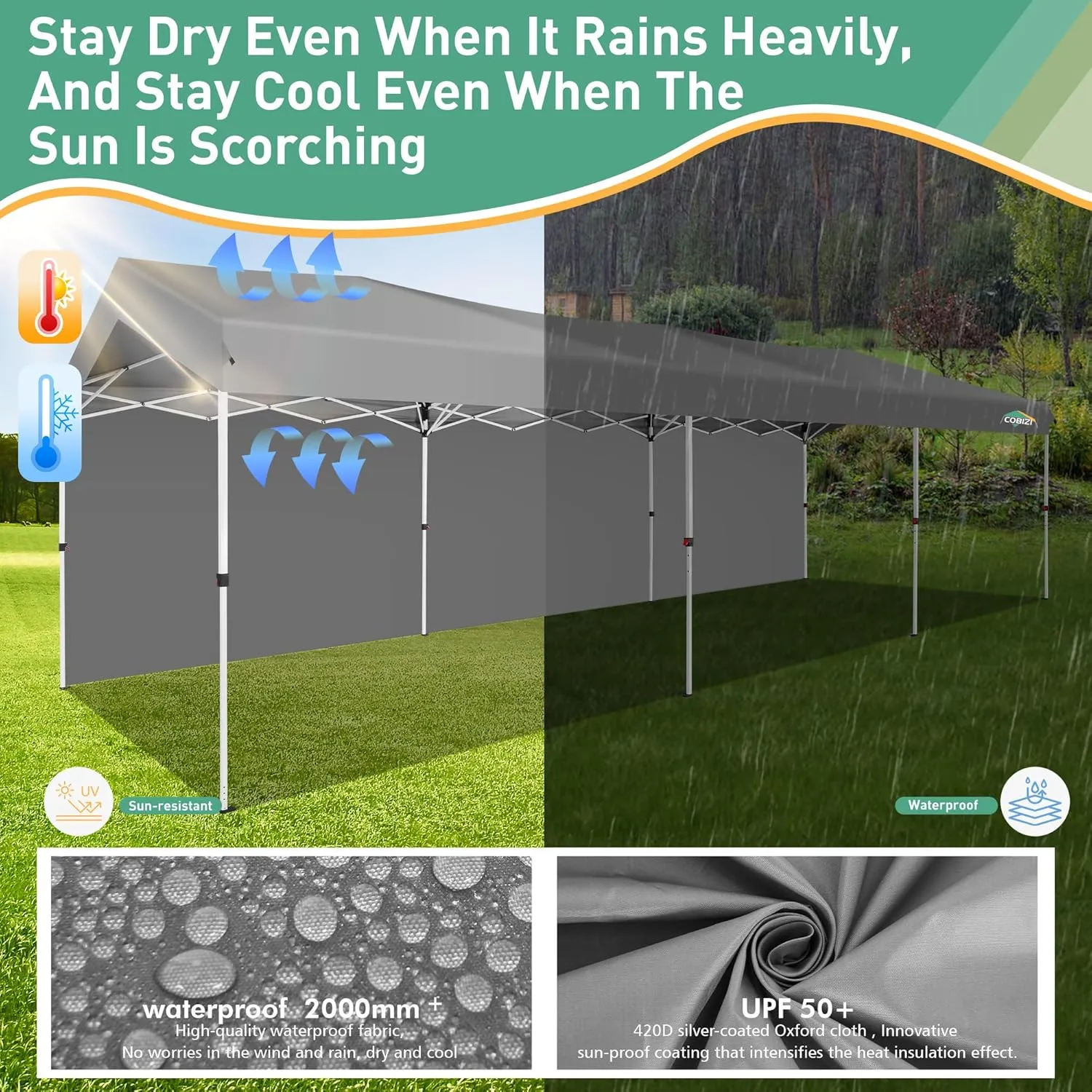 COBIZI Carport 10x30 Pop Up Canopy Car Tent with One Push Center Lock, Outdoor Portable Garage Tents for Parties UPF50  Waterproof All-Season Car Canopy with Wheeled Bag,3 Sidewalls, Adjustable Height