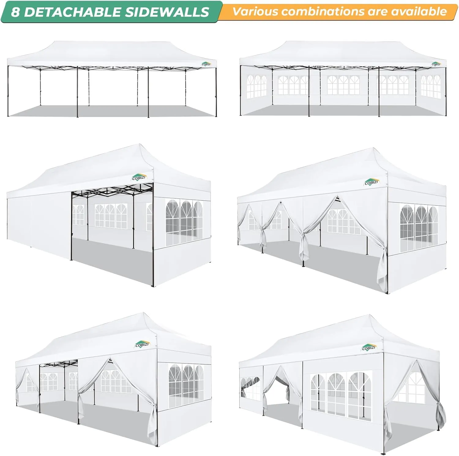 COBIZI Heavy Duty 10x30 Party Tent, Commercial 10x30 pop up Canopy for Parties Waterproof Gazebos with 8 Sidewalls, All Season Wind & Waterproof UPF50 ,Stable Thickened Frame