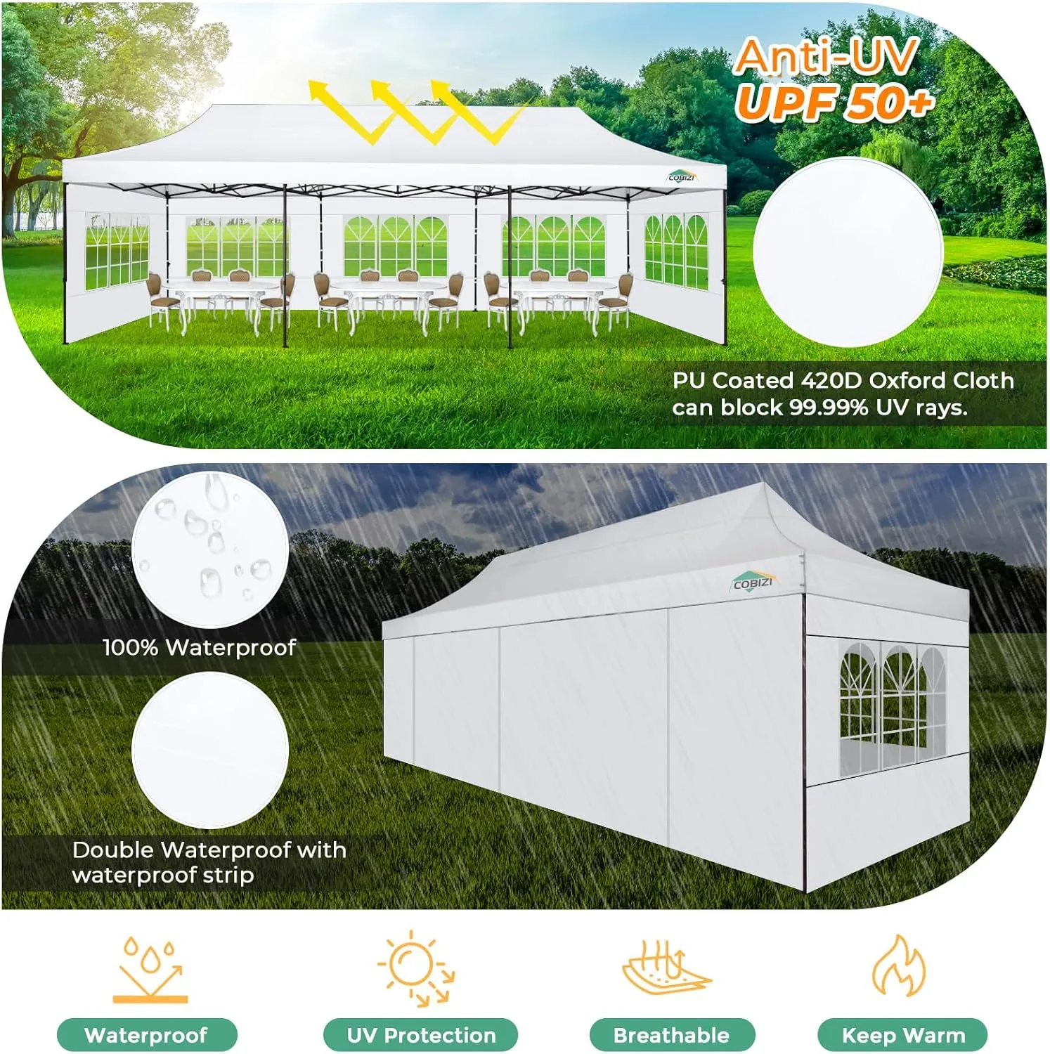 COBIZI Heavy Duty 10x30 Party Tent, Commercial 10x30 pop up Canopy for Parties Waterproof Gazebos with 8 Sidewalls, All Season Wind & Waterproof UPF50 ,Stable Thickened Frame