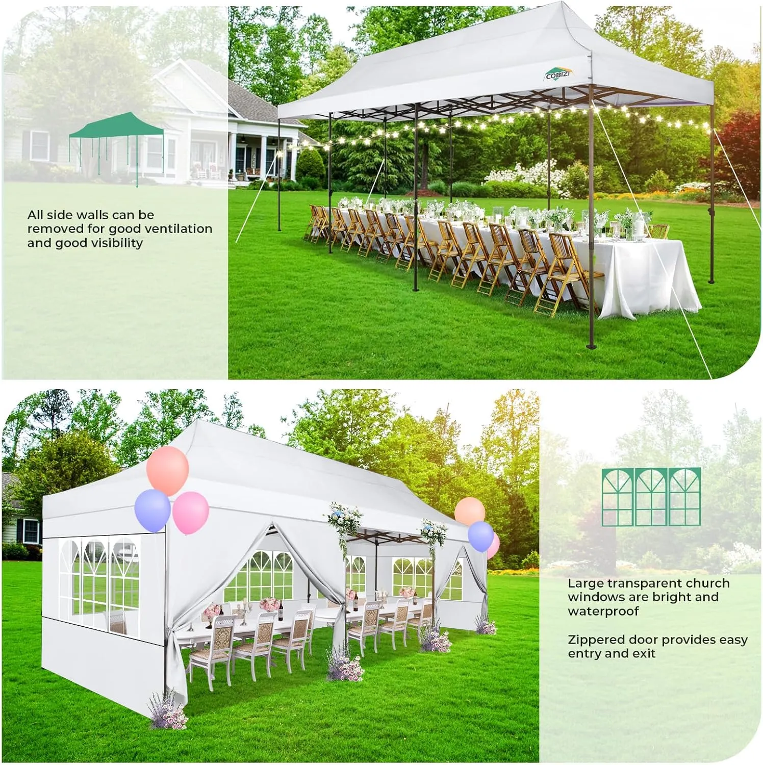 COBIZI Heavy Duty 10x30 Party Tent, Commercial 10x30 pop up Canopy for Parties Waterproof Gazebos with 8 Sidewalls, All Season Wind & Waterproof UPF50 ,Stable Thickened Frame