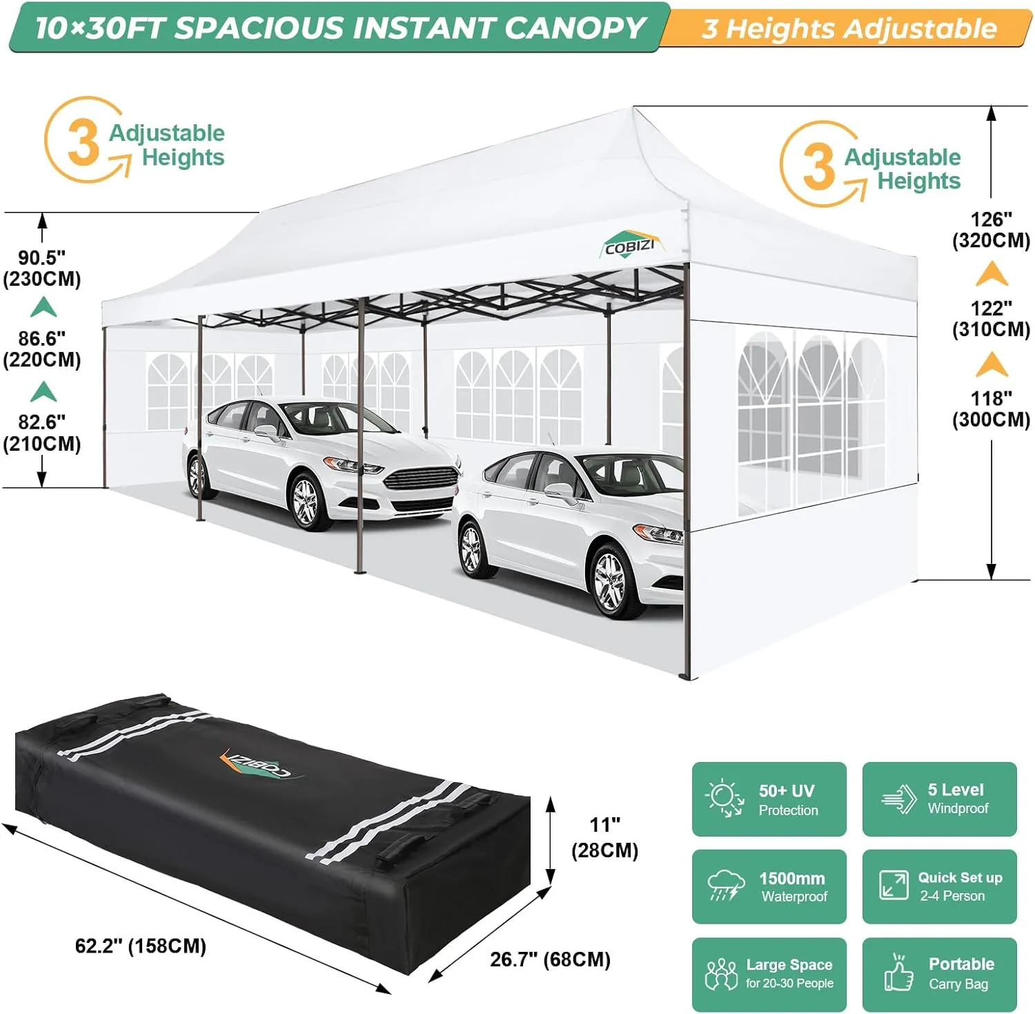 COBIZI Heavy Duty 10x30 Party Tent, Commercial 10x30 pop up Canopy for Parties Waterproof Gazebos with 8 Sidewalls, All Season Wind & Waterproof UPF50 ,Stable Thickened Frame