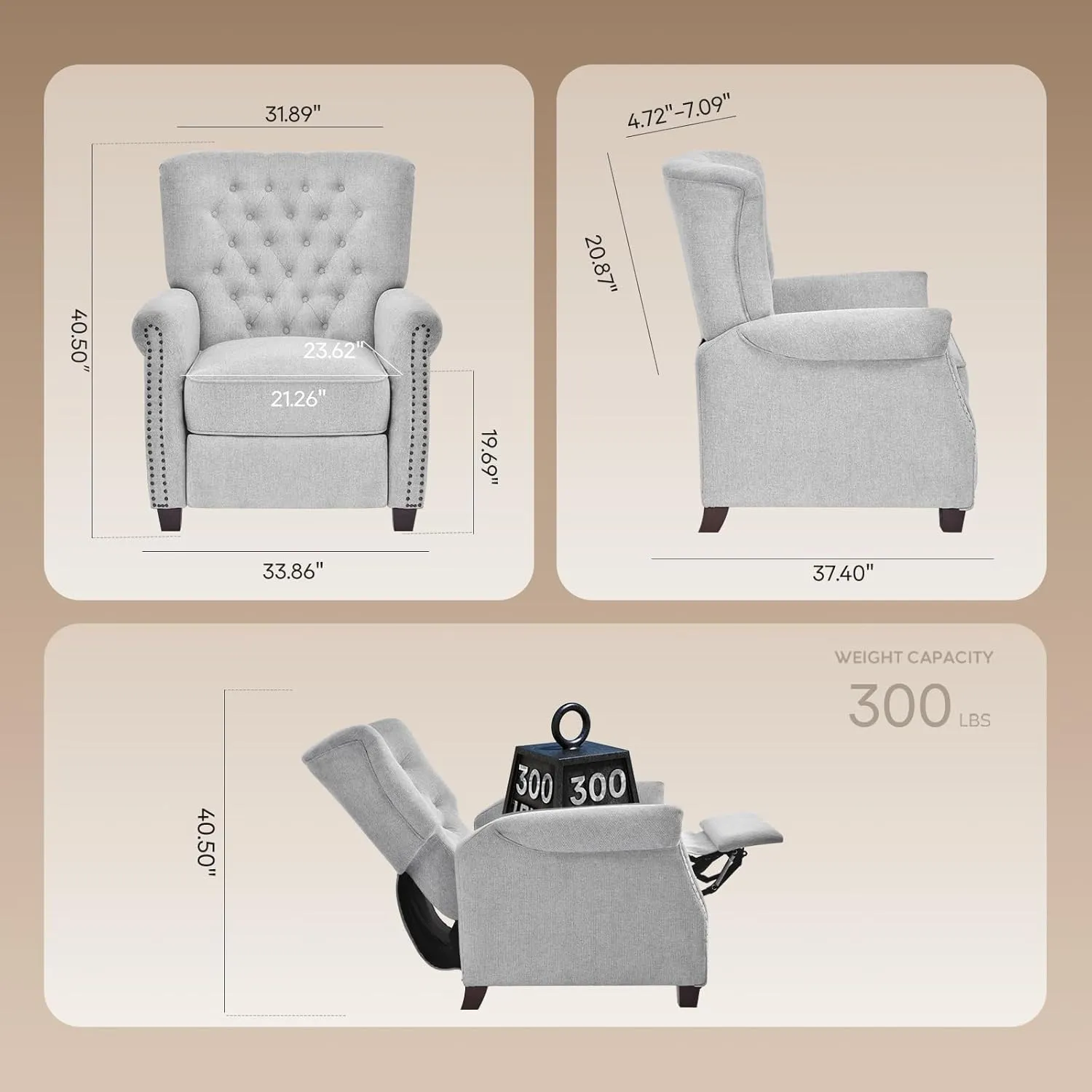 COLAMY Push Back Recliner Chair Big and Tall Chair 300lbs for People with a Bigger Build Adjustable Comfy Armchair Living Room Chairs with Rivet Decoration, Button-Tufted Back Reclining, Lightgrey