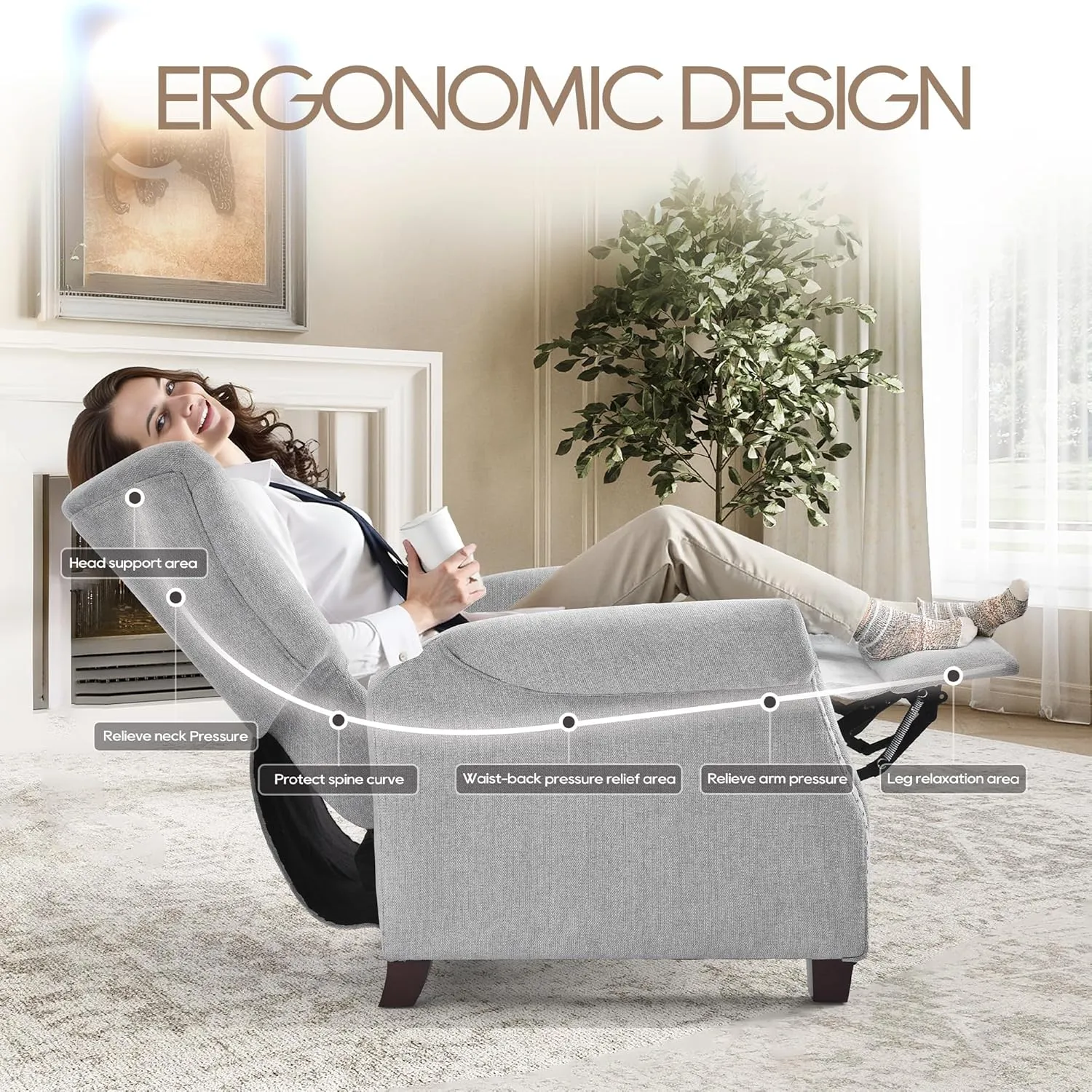 COLAMY Push Back Recliner Chair Big and Tall Chair 300lbs for People with a Bigger Build Adjustable Comfy Armchair Living Room Chairs with Rivet Decoration, Button-Tufted Back Reclining, Lightgrey
