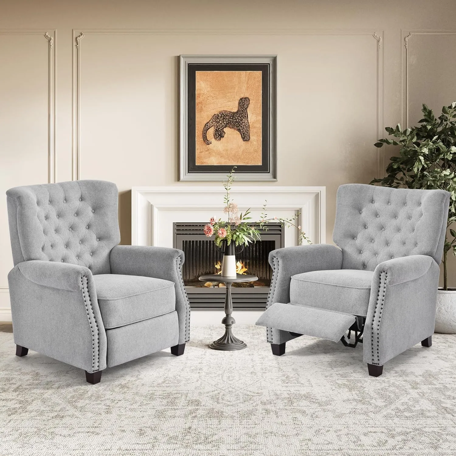 COLAMY Push Back Recliner Chair Big and Tall Chair 300lbs for People with a Bigger Build Adjustable Comfy Armchair Living Room Chairs with Rivet Decoration, Button-Tufted Back Reclining, Lightgrey