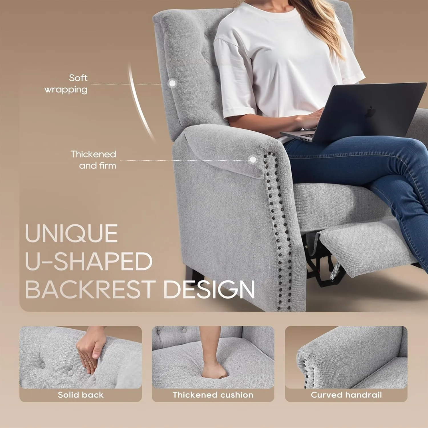COLAMY Push Back Recliner Chair Big and Tall Chair 300lbs for People with a Bigger Build Adjustable Comfy Armchair Living Room Chairs with Rivet Decoration, Button-Tufted Back Reclining, Lightgrey
