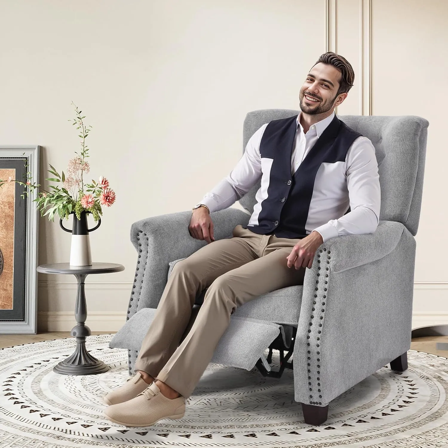 COLAMY Push Back Recliner Chair Big and Tall Chair 300lbs for People with a Bigger Build Adjustable Comfy Armchair Living Room Chairs with Rivet Decoration, Button-Tufted Back Reclining, Lightgrey