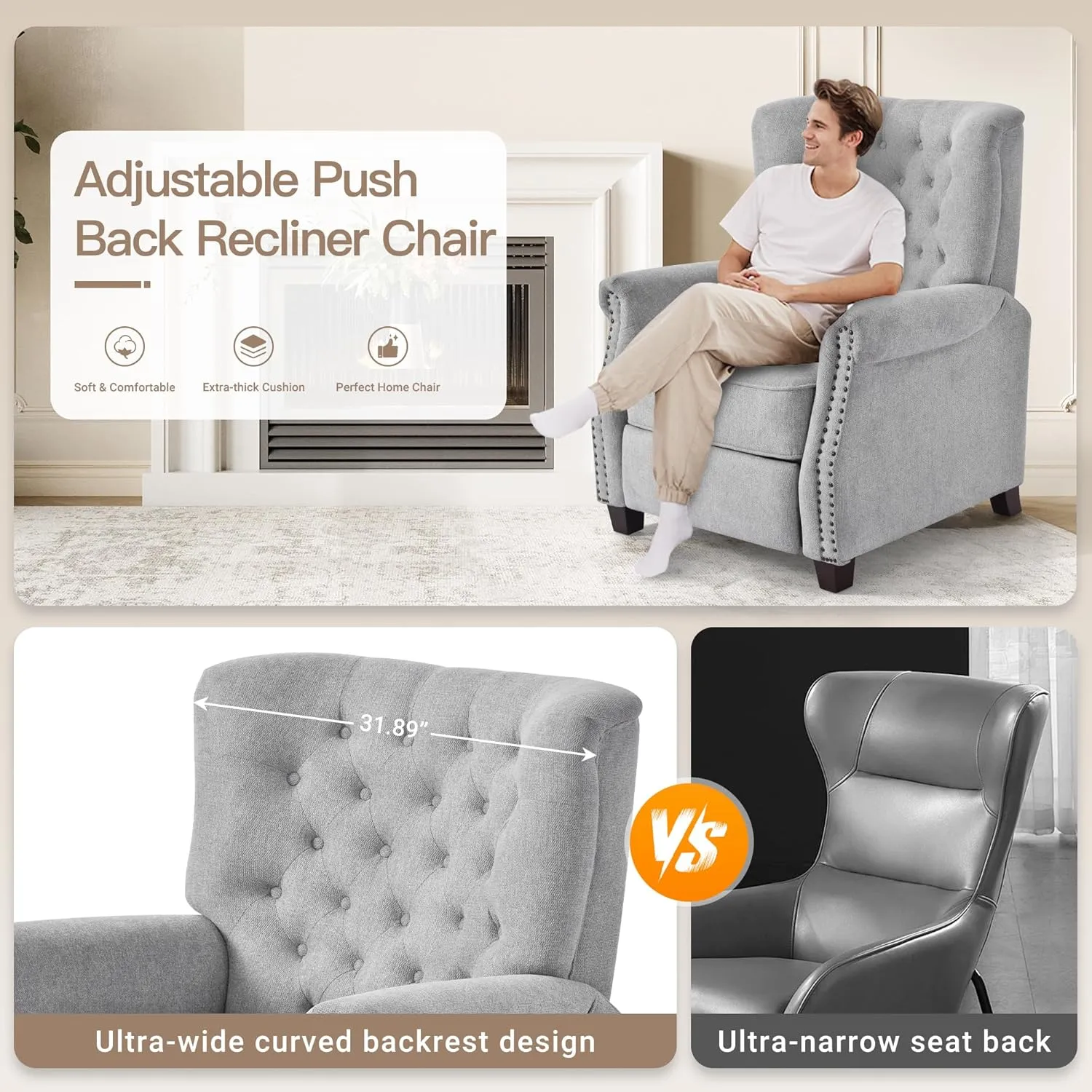 COLAMY Push Back Recliner Chair Big and Tall Chair 300lbs for People with a Bigger Build Adjustable Comfy Armchair Living Room Chairs with Rivet Decoration, Button-Tufted Back Reclining, Lightgrey
