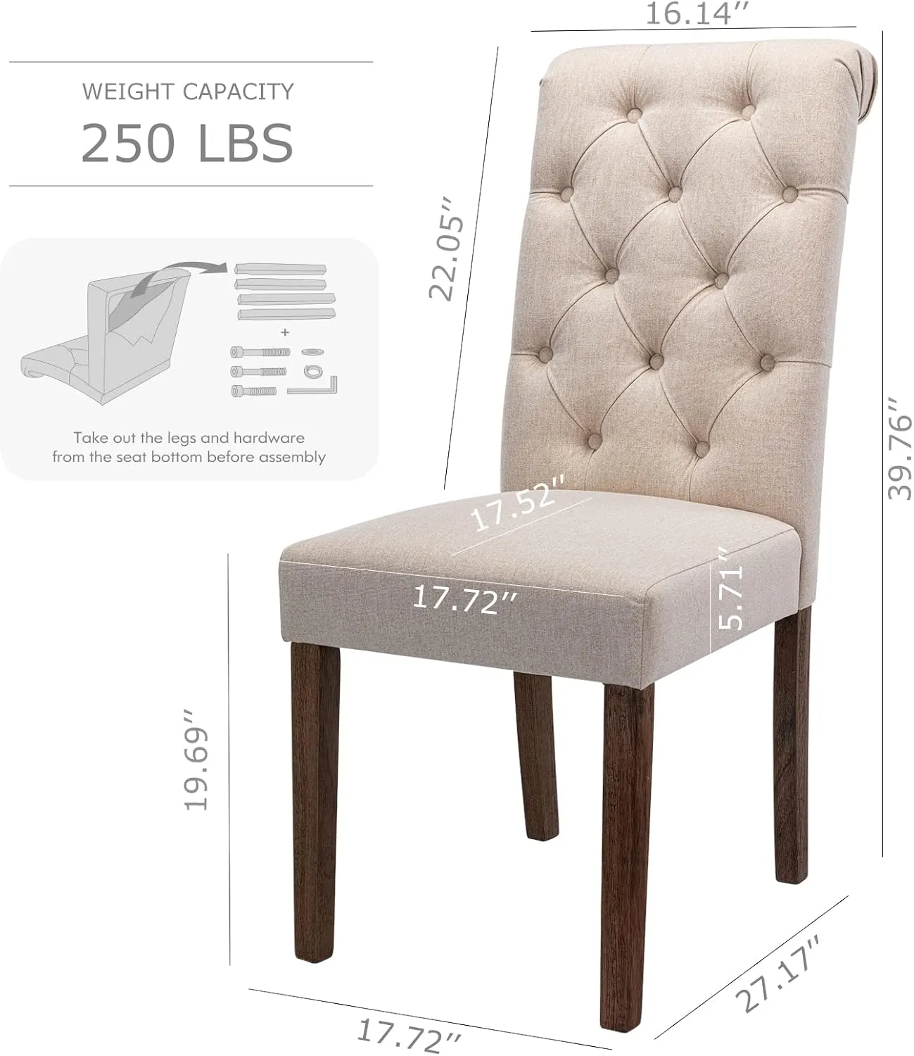 COLAMY Tufted Dining Room Chairs Set of 2, Accent Parsons Diner Chairs Upholstered Fabric Side Stylish Kitchen Chairs with Solid Wood Legs and Padded Seat - Beige