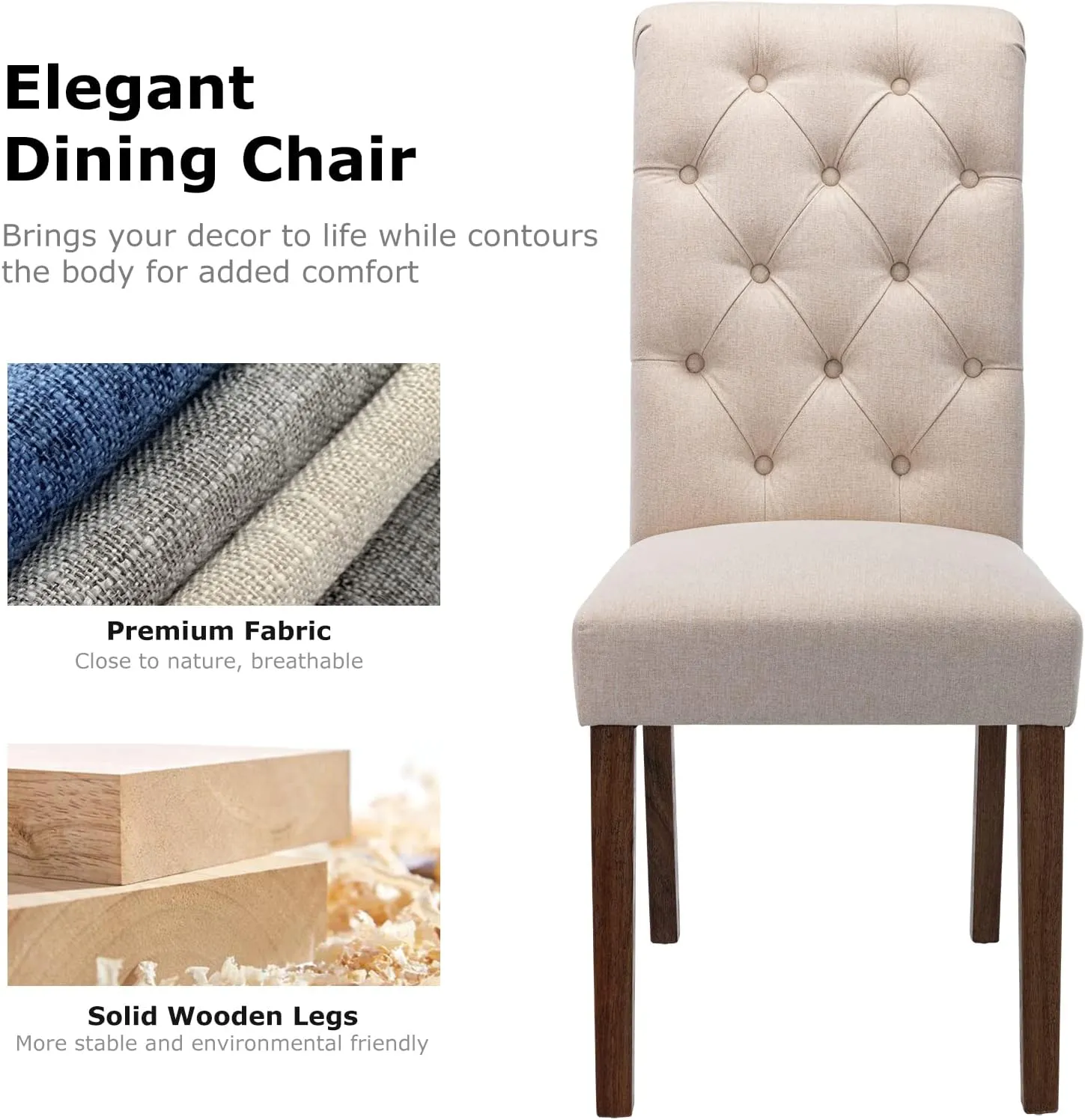 COLAMY Tufted Dining Room Chairs Set of 2, Accent Parsons Diner Chairs Upholstered Fabric Side Stylish Kitchen Chairs with Solid Wood Legs and Padded Seat - Beige