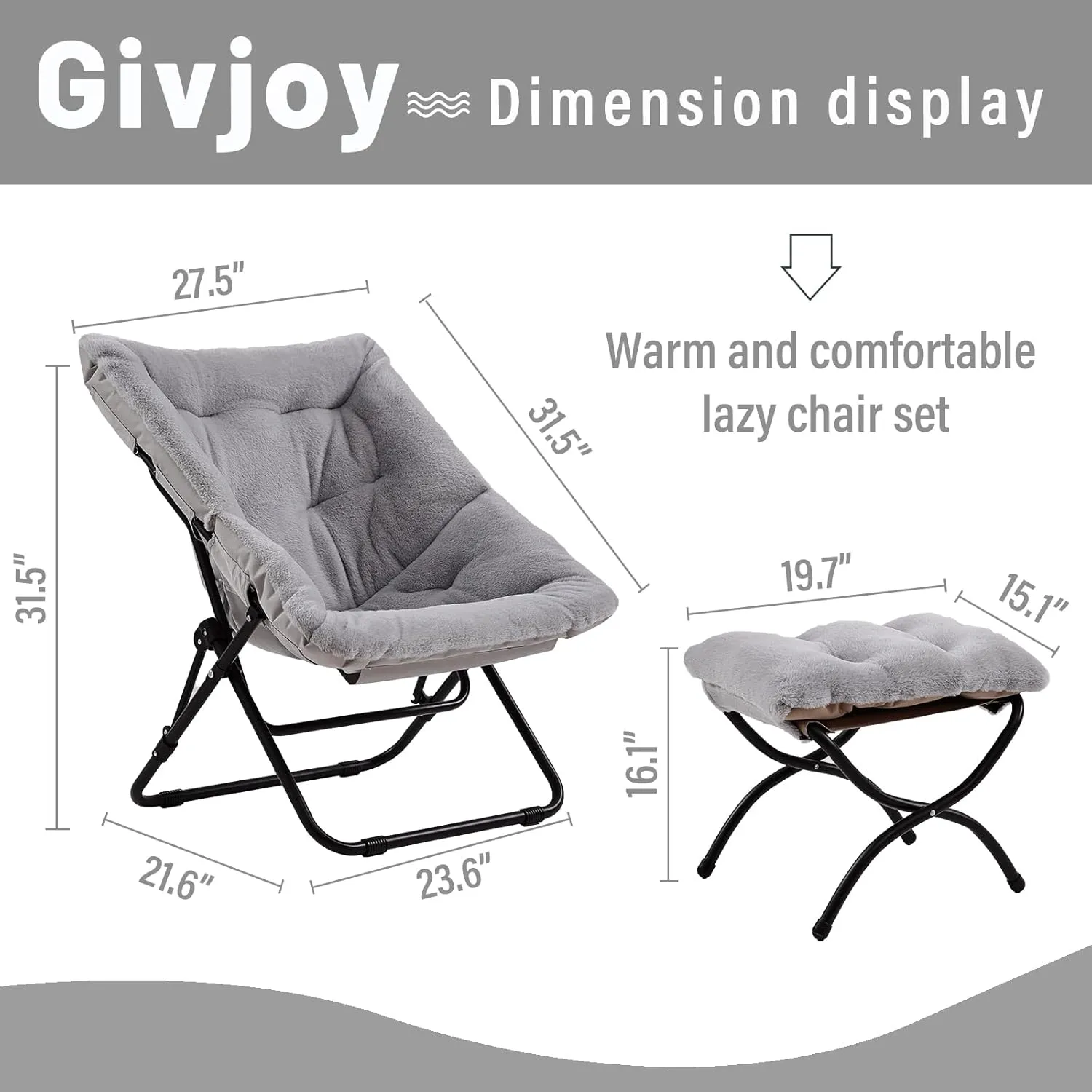 Comfy Folded Chair with Ottoman, Oversized Folding Faux Fur Chair Soft Furry Lounge Lazy Chair with Metal Frame Moon Chair Accent Chair for Bedroom, Living Room, Dorm Rooms