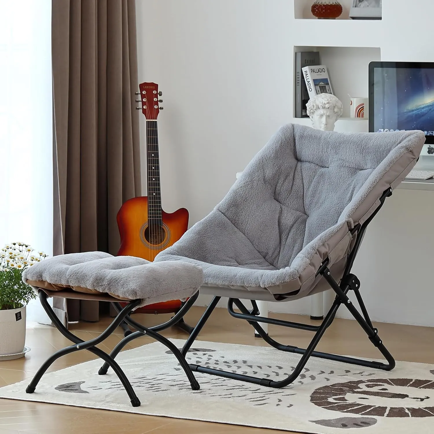 Comfy Folded Chair with Ottoman, Oversized Folding Faux Fur Chair Soft Furry Lounge Lazy Chair with Metal Frame Moon Chair Accent Chair for Bedroom, Living Room, Dorm Rooms