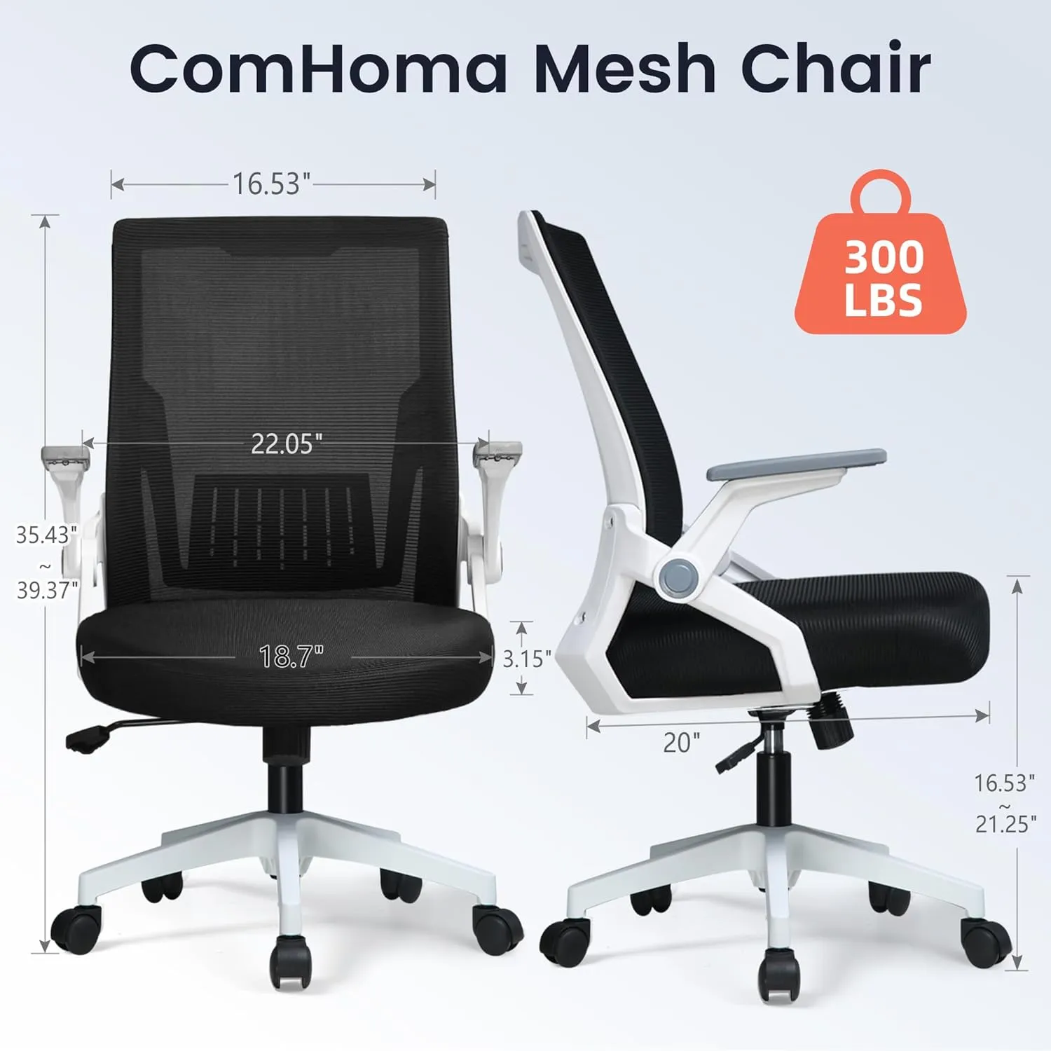 COMHOMA Office Chair with Flip-up Armrests Ergonomic Computer Desk Chair with Adaptive Lumbar Support, Breathable Mesh Swivel Tilt Task Study Chair with Wheels for Home, Bedroom, White