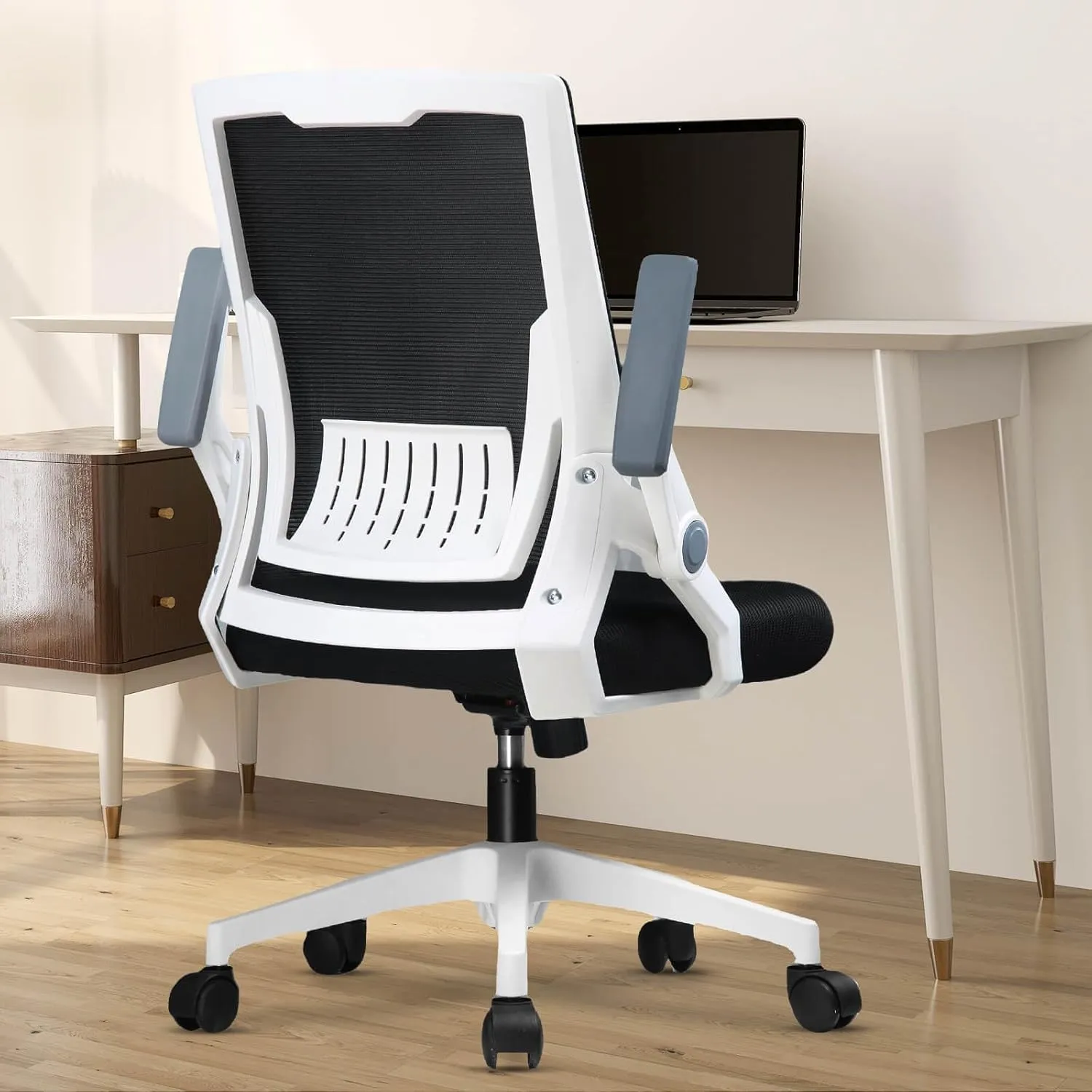 COMHOMA Office Chair with Flip-up Armrests Ergonomic Computer Desk Chair with Adaptive Lumbar Support, Breathable Mesh Swivel Tilt Task Study Chair with Wheels for Home, Bedroom, White