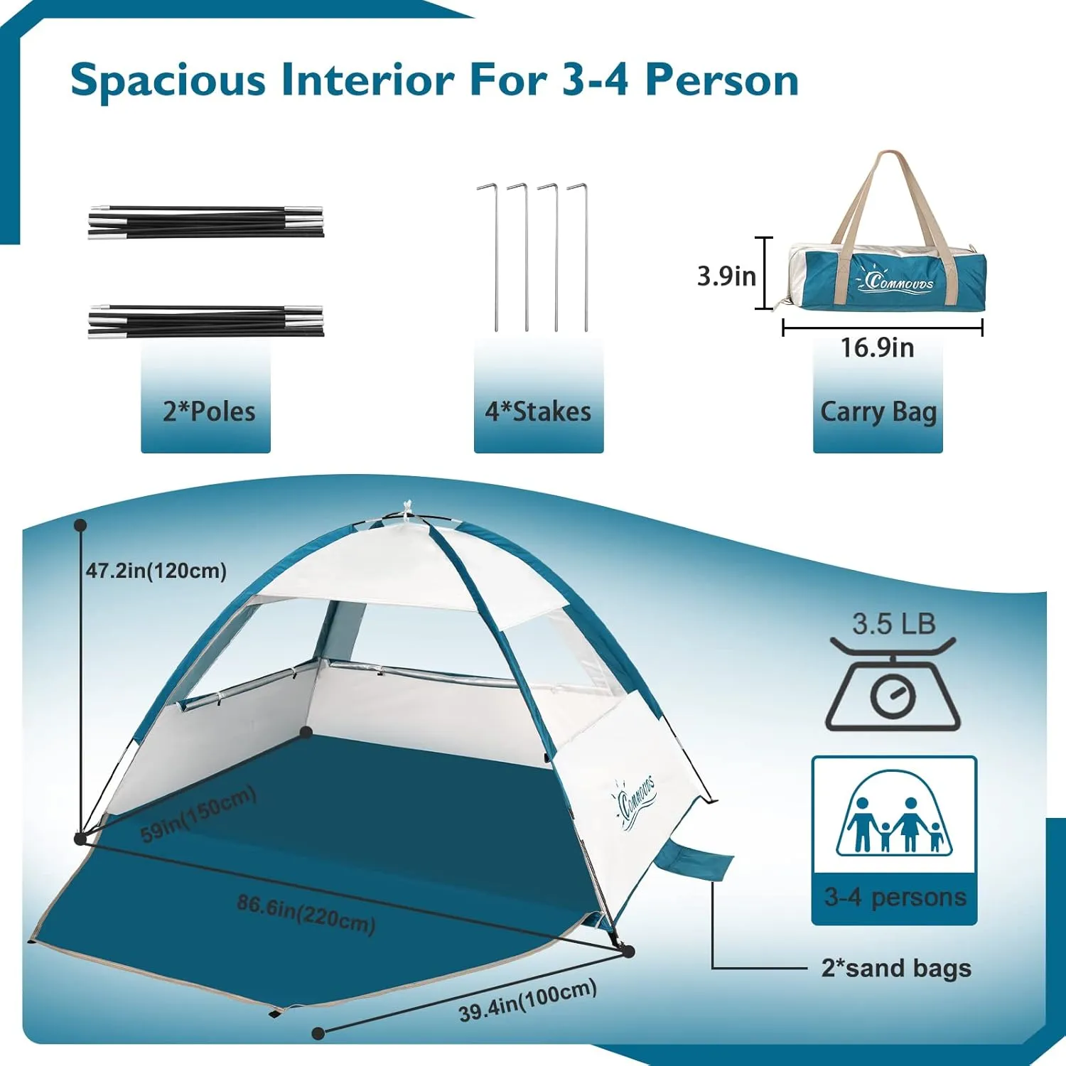 COMMOUDS Beach Tent Sun Shade for 3/4-5/6-7/8-10 Person, UPF 50  Beach Sun Shelter Canopy Tent, Lightweight, Easy Set Up and Carry