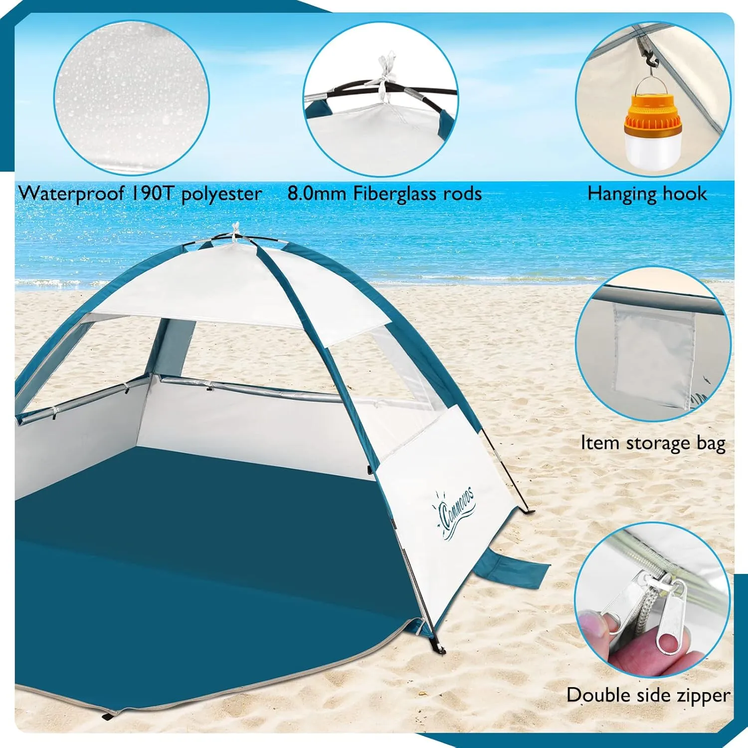 COMMOUDS Beach Tent Sun Shade for 3/4-5/6-7/8-10 Person, UPF 50  Beach Sun Shelter Canopy Tent, Lightweight, Easy Set Up and Carry