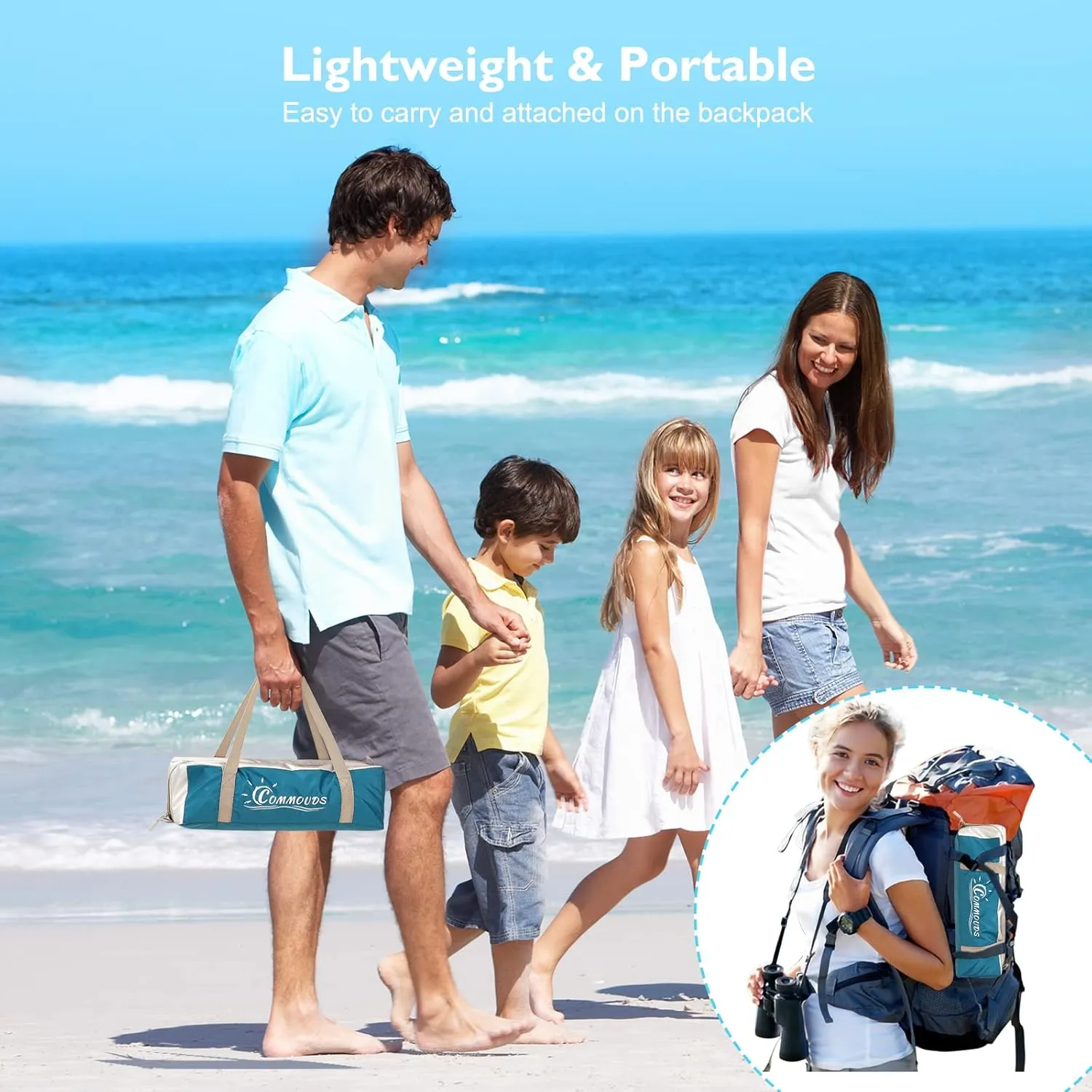 COMMOUDS Beach Tent Sun Shade for 3/4-5/6-7/8-10 Person, UPF 50  Beach Sun Shelter Canopy Tent, Lightweight, Easy Set Up and Carry