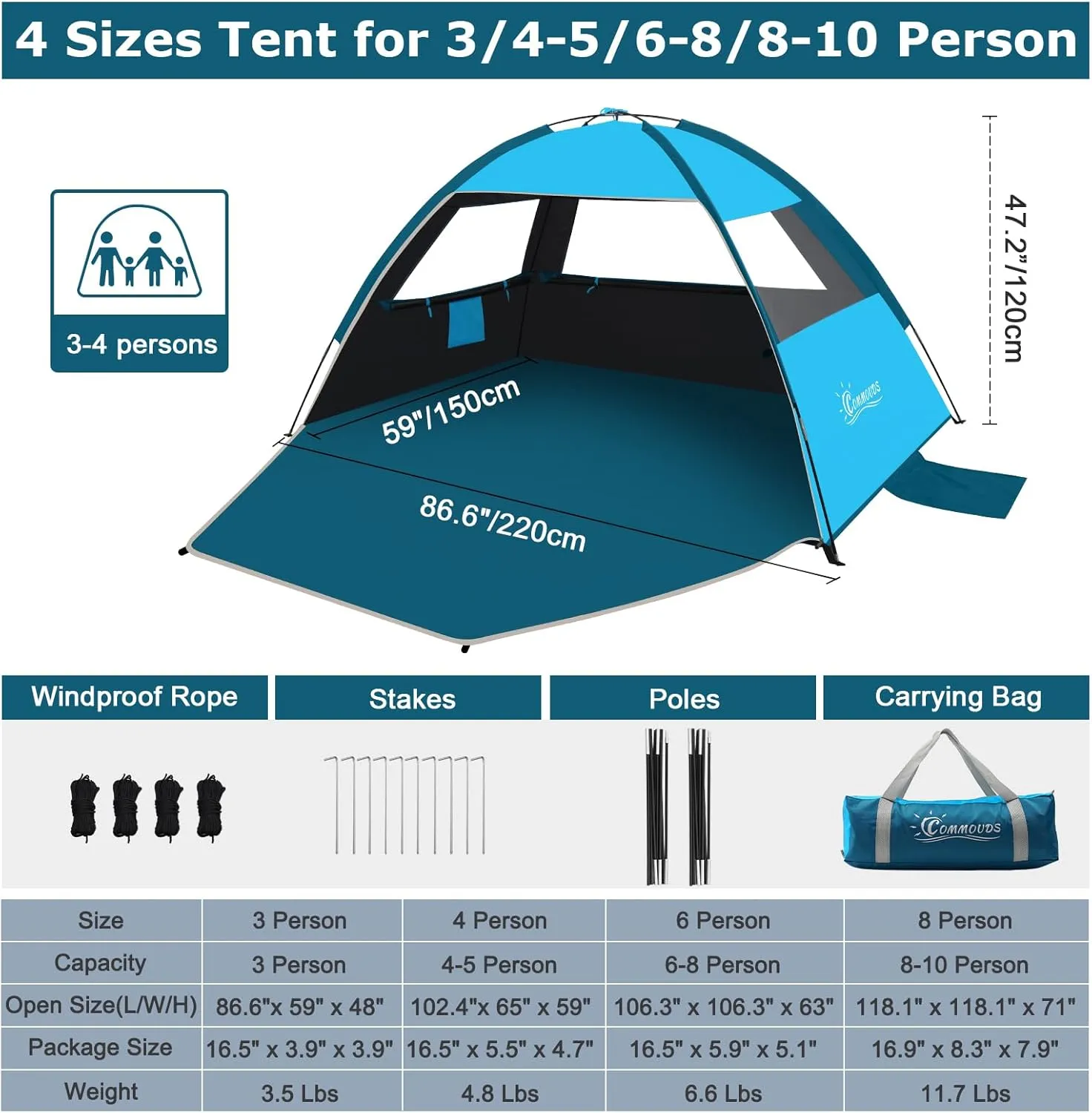 COMMOUDS Beach Tent Sun Shade for 3/4-5/6-7/8-10 Person, UPF 50  Beach Sun Shelter Canopy Tent, Lightweight, Easy Set Up and Carry
