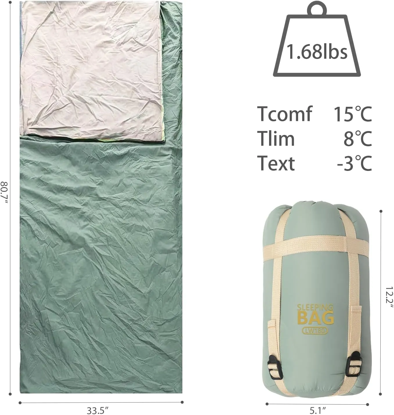 Compact Ultra Lightweight Sleeping Bag Envelope Backpacking Bag with Compression Sack for Adults Warm Weather Camping, Traveling, Hiking