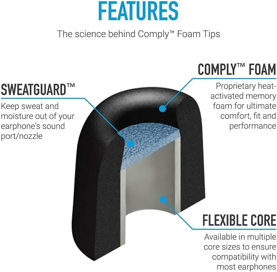 Comply Sport Pro | Memory Foam Replacement IEM Ear Tips for Jaybird, BlueBuds, Freedom & More | Superior Noise Isolation, Ultimate Comfort, Secure Fit | Black (S/M/L) (3 Pairs)