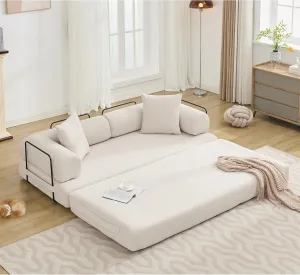 Convertible Sleeper Sofa Bed with Cylindrical Pillow, Corduroy Folding Mattress Couch with Fixed-Shape Frame, Floor Sofa Lounge Couch for Living Room Bedroom Lounge Studio, Beige