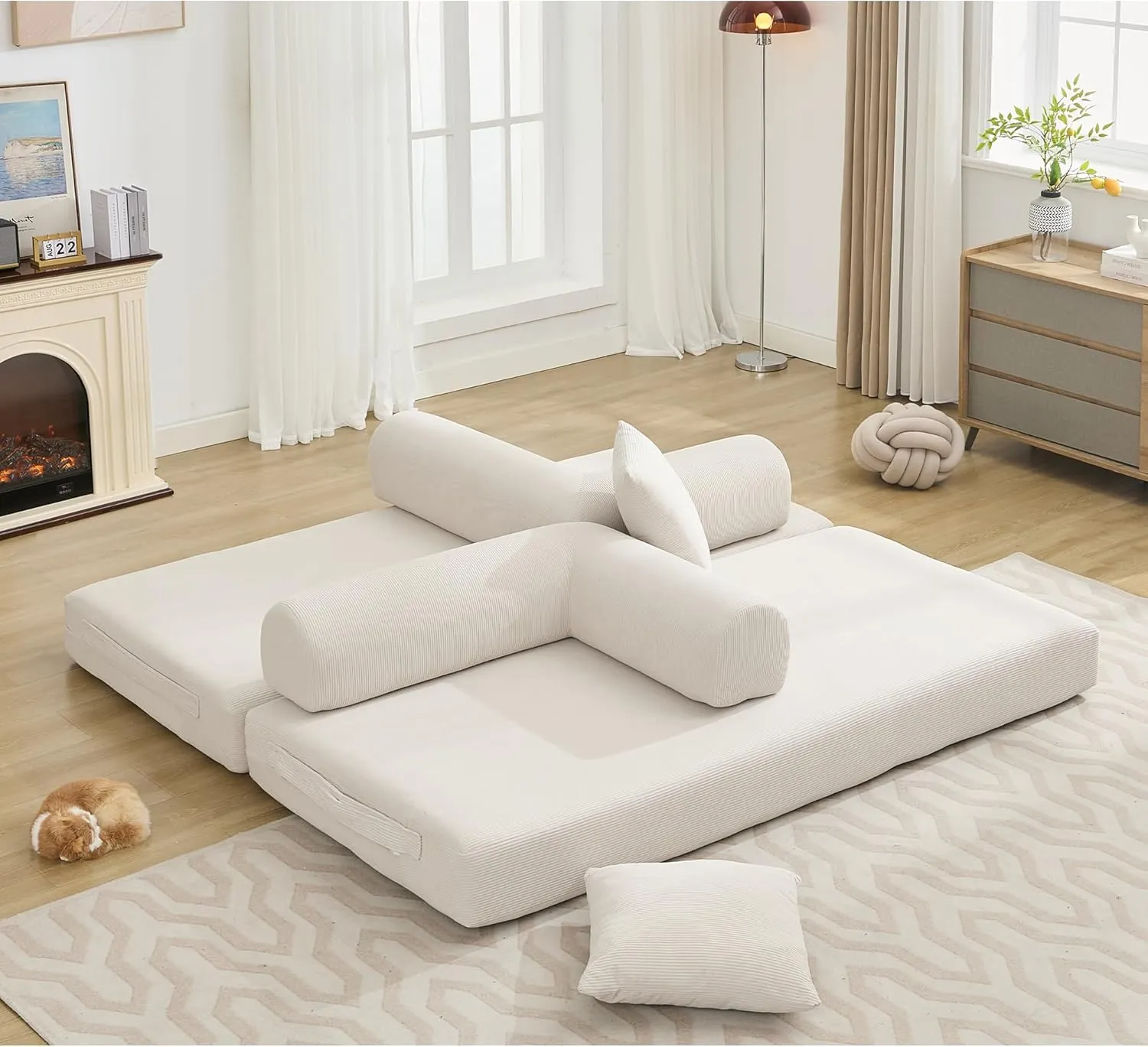 Convertible Sleeper Sofa Bed with Cylindrical Pillow, Corduroy Folding Mattress Couch with Fixed-Shape Frame, Floor Sofa Lounge Couch for Living Room Bedroom Lounge Studio, Beige