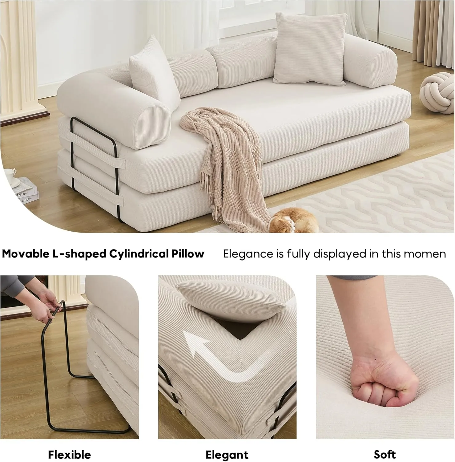 Convertible Sleeper Sofa Bed with Cylindrical Pillow, Corduroy Folding Mattress Couch with Fixed-Shape Frame, Floor Sofa Lounge Couch for Living Room Bedroom Lounge Studio, Beige