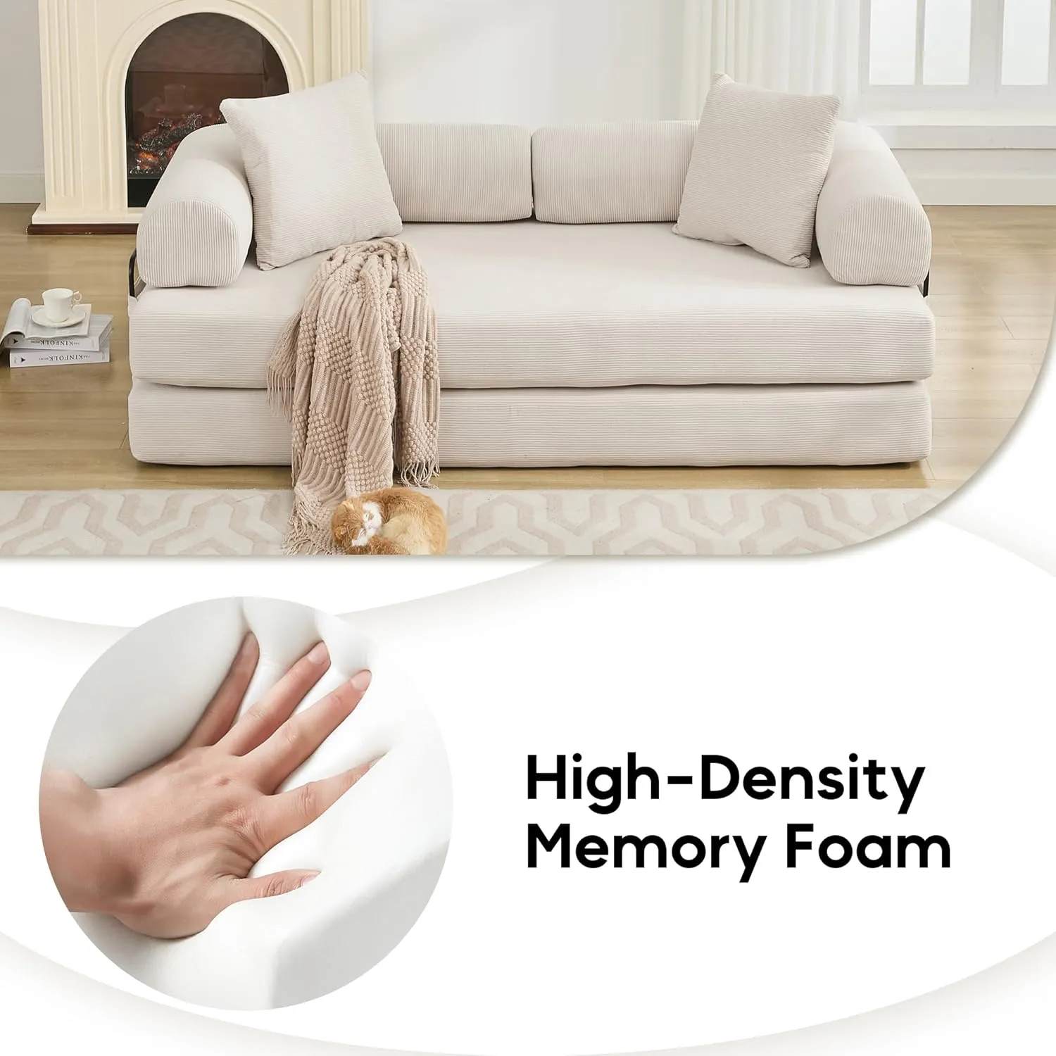 Convertible Sleeper Sofa Bed with Cylindrical Pillow, Corduroy Folding Mattress Couch with Fixed-Shape Frame, Floor Sofa Lounge Couch for Living Room Bedroom Lounge Studio, Beige