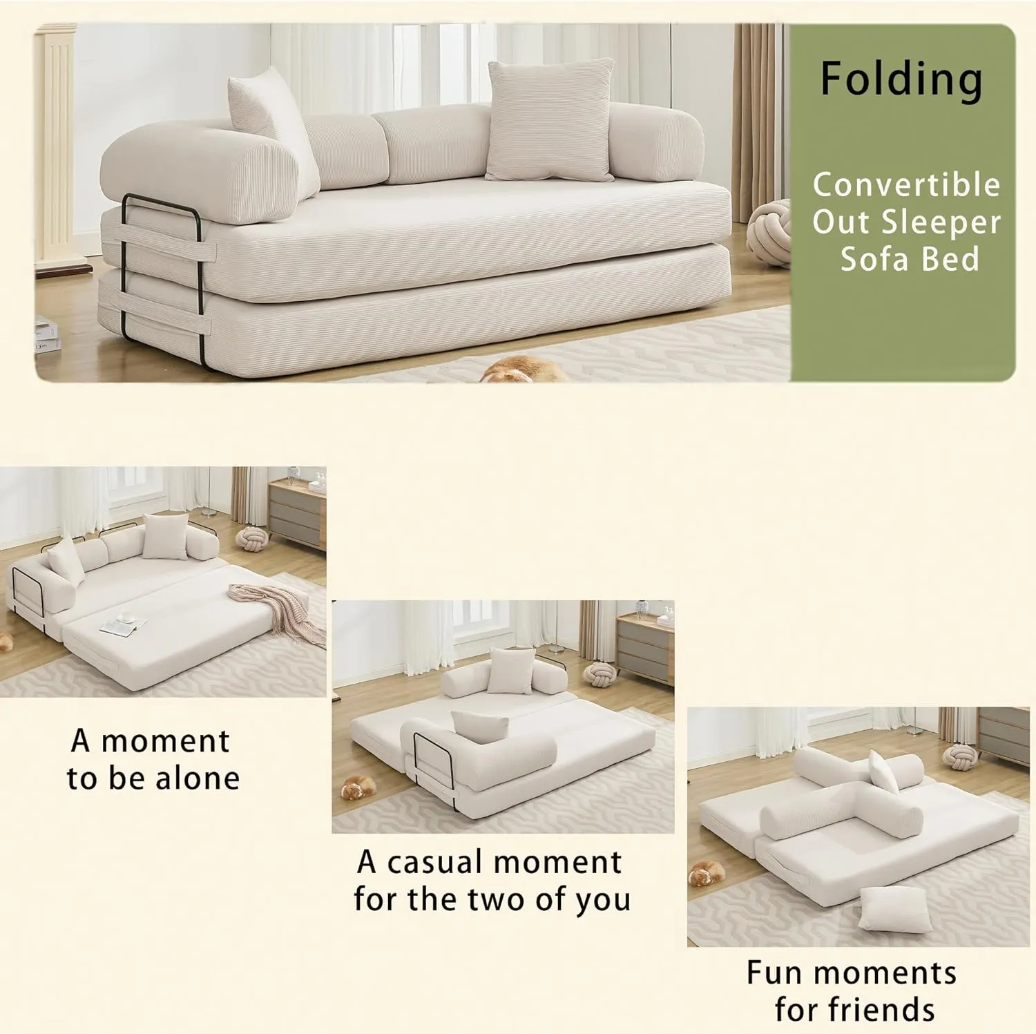 Convertible Sleeper Sofa Bed with Cylindrical Pillow, Corduroy Folding Mattress Couch with Fixed-Shape Frame, Floor Sofa Lounge Couch for Living Room Bedroom Lounge Studio, Beige