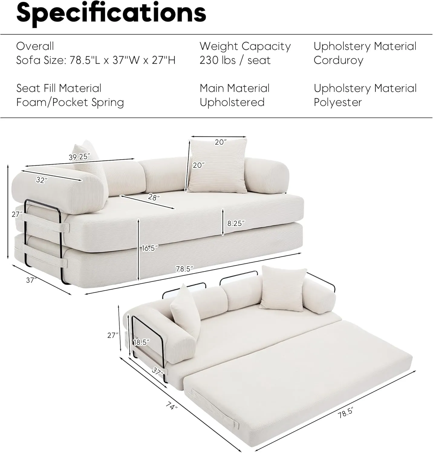 Convertible Sleeper Sofa Bed with Cylindrical Pillow, Corduroy Folding Mattress Couch with Fixed-Shape Frame, Floor Sofa Lounge Couch for Living Room Bedroom Lounge Studio, Beige