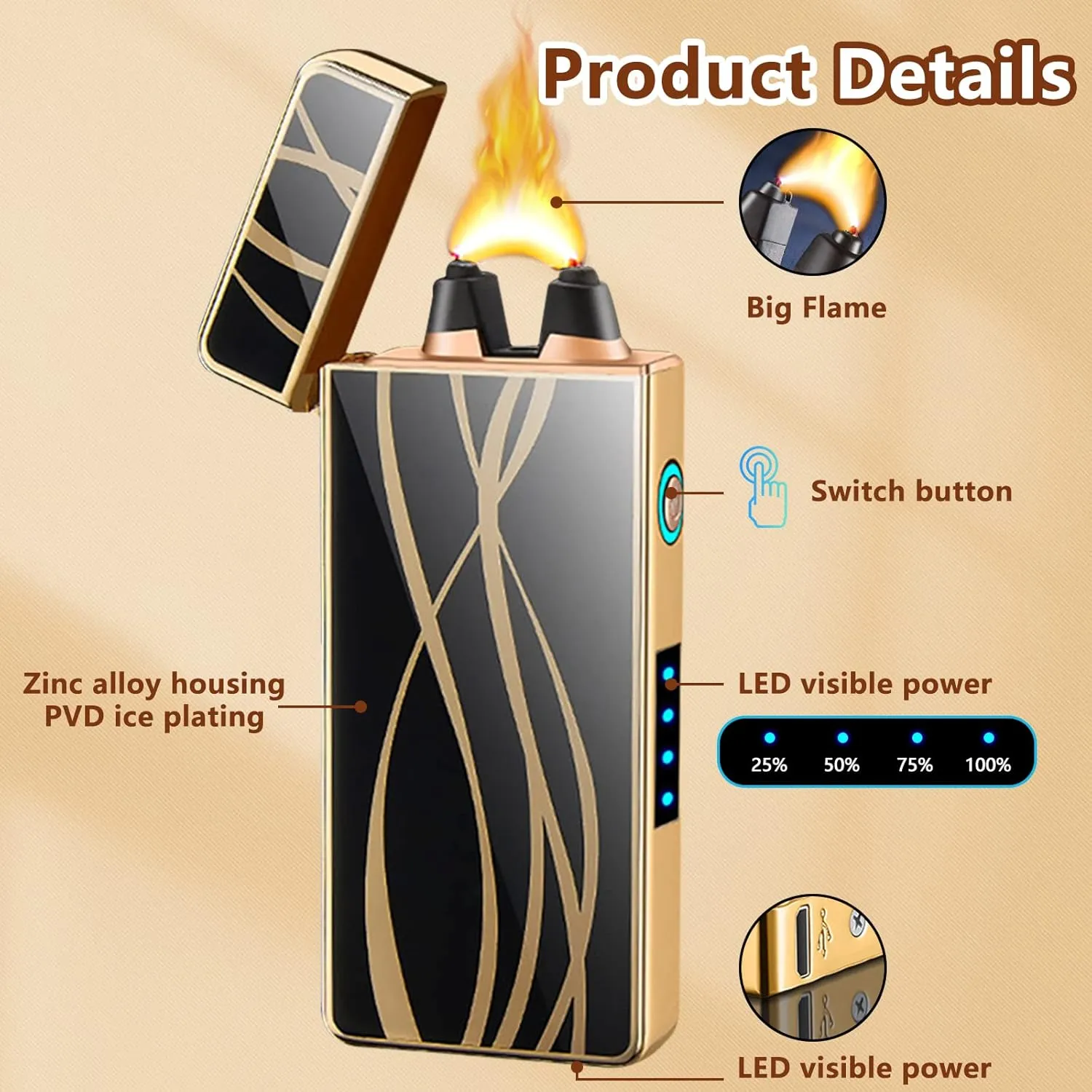 Cool Electric Lighters Plasma Lighters Big Flame Lighter USB Rechargeable Lighter Arc Lighter Butane Free with LED Battery Indicator(Streamline)