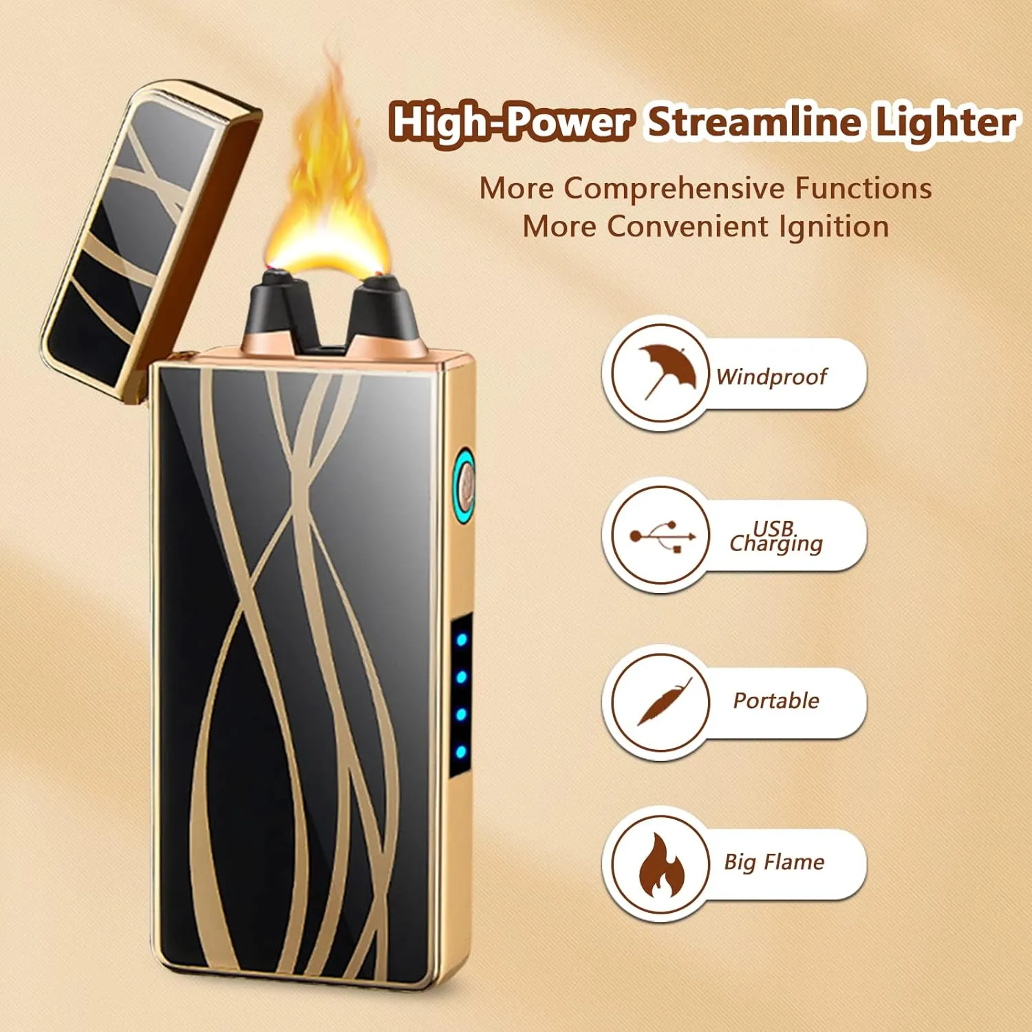 Cool Electric Lighters Plasma Lighters Big Flame Lighter USB Rechargeable Lighter Arc Lighter Butane Free with LED Battery Indicator(Streamline)
