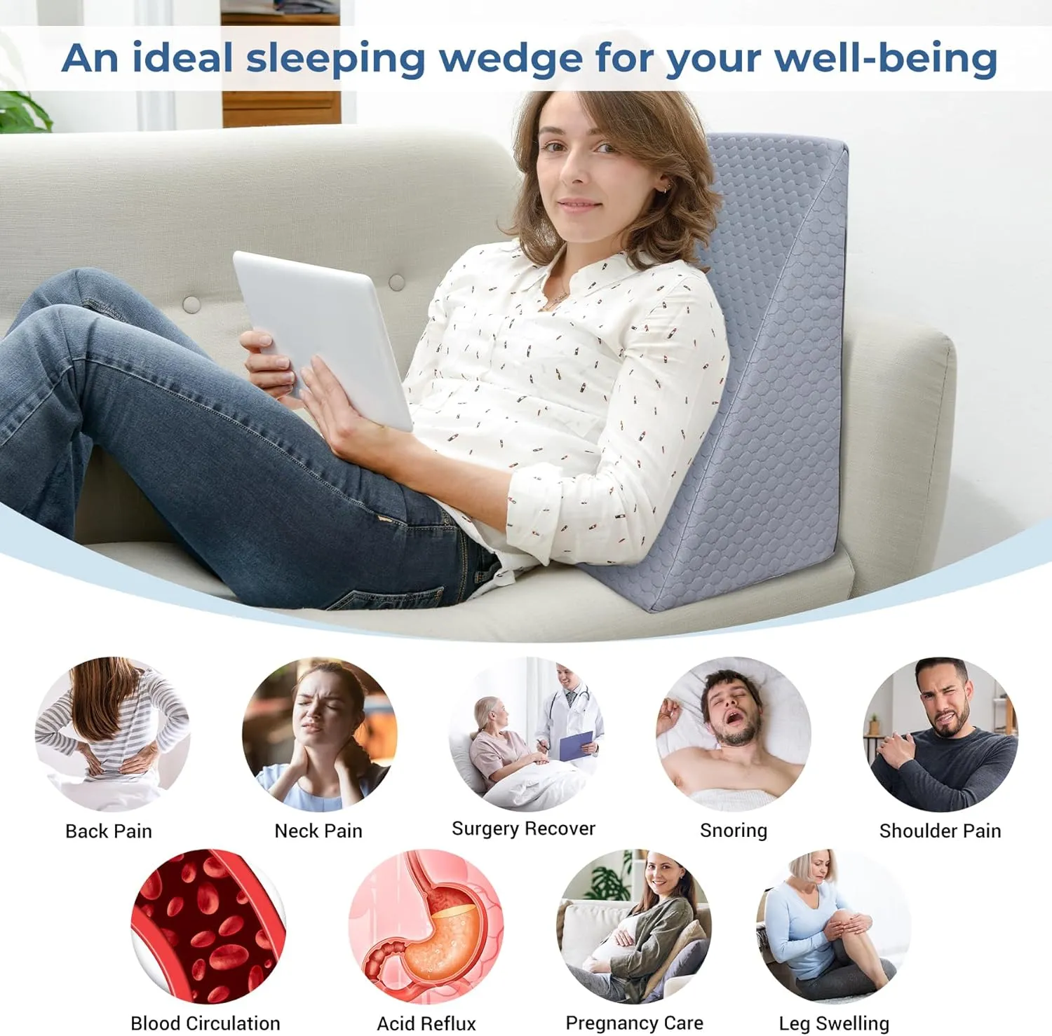 COOLBEBE Bed Wedge Pillow for Sleeping, 12" Elevated Wedge Pillow for Sleep Apnea with Washable Cover, 12Inch Foam Wedge Triangle Pad for Acid Reflux, Gerd, Snoring and After Surgery(Grey)