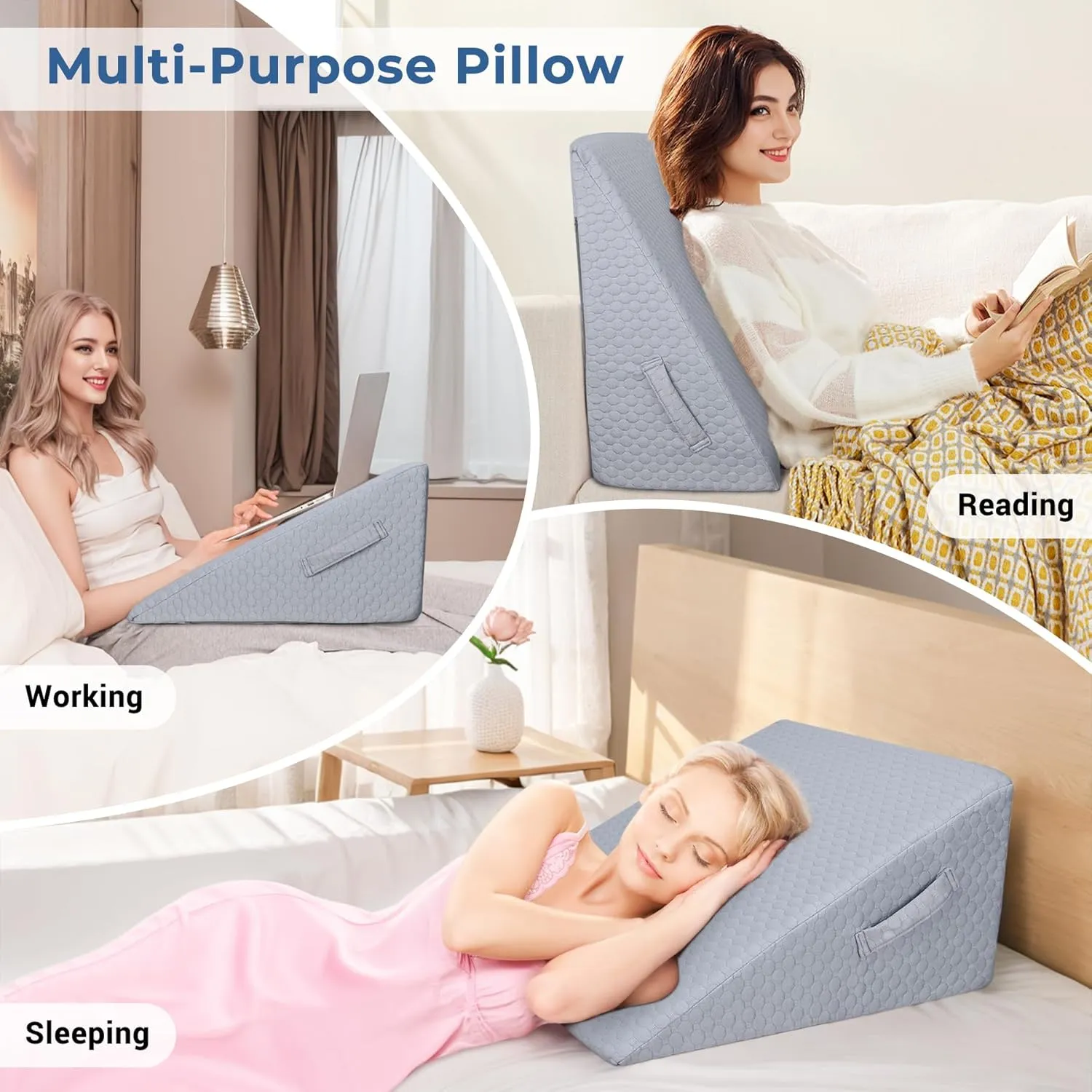 COOLBEBE Bed Wedge Pillow for Sleeping, 12" Elevated Wedge Pillow for Sleep Apnea with Washable Cover, 12Inch Foam Wedge Triangle Pad for Acid Reflux, Gerd, Snoring and After Surgery(Grey)