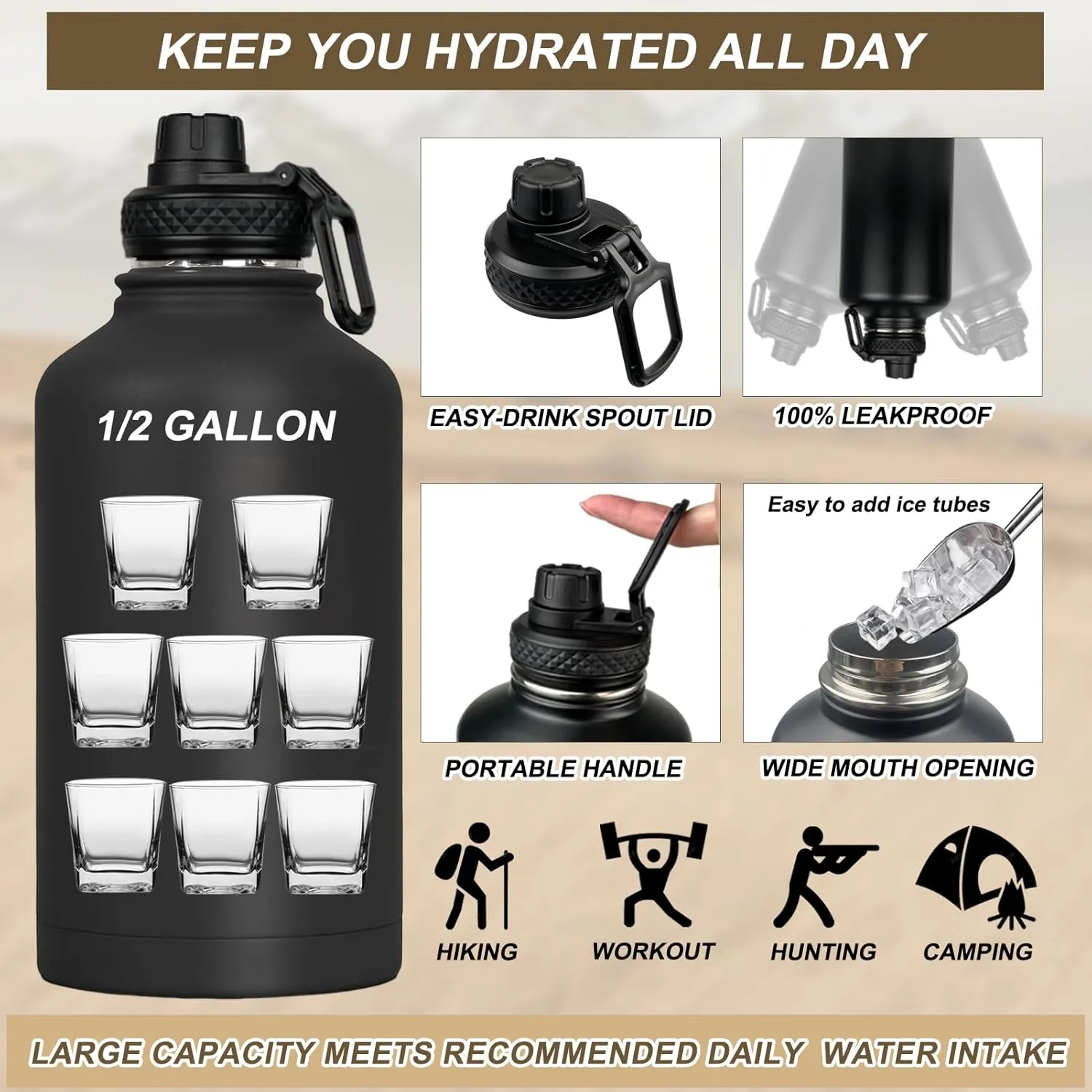 COOLYARD Half Gallon Water Bottle Insulated with Sleeve-64oz Stainless Steel Water Jug with MOLLE Pouch for Gym Workout Hiking Black