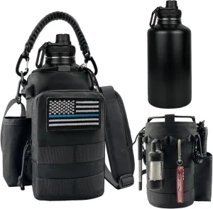 COOLYARD Half Gallon Water Bottle Insulated with Sleeve-64oz Stainless Steel Water Jug with MOLLE Pouch for Gym Workout Hiking Black