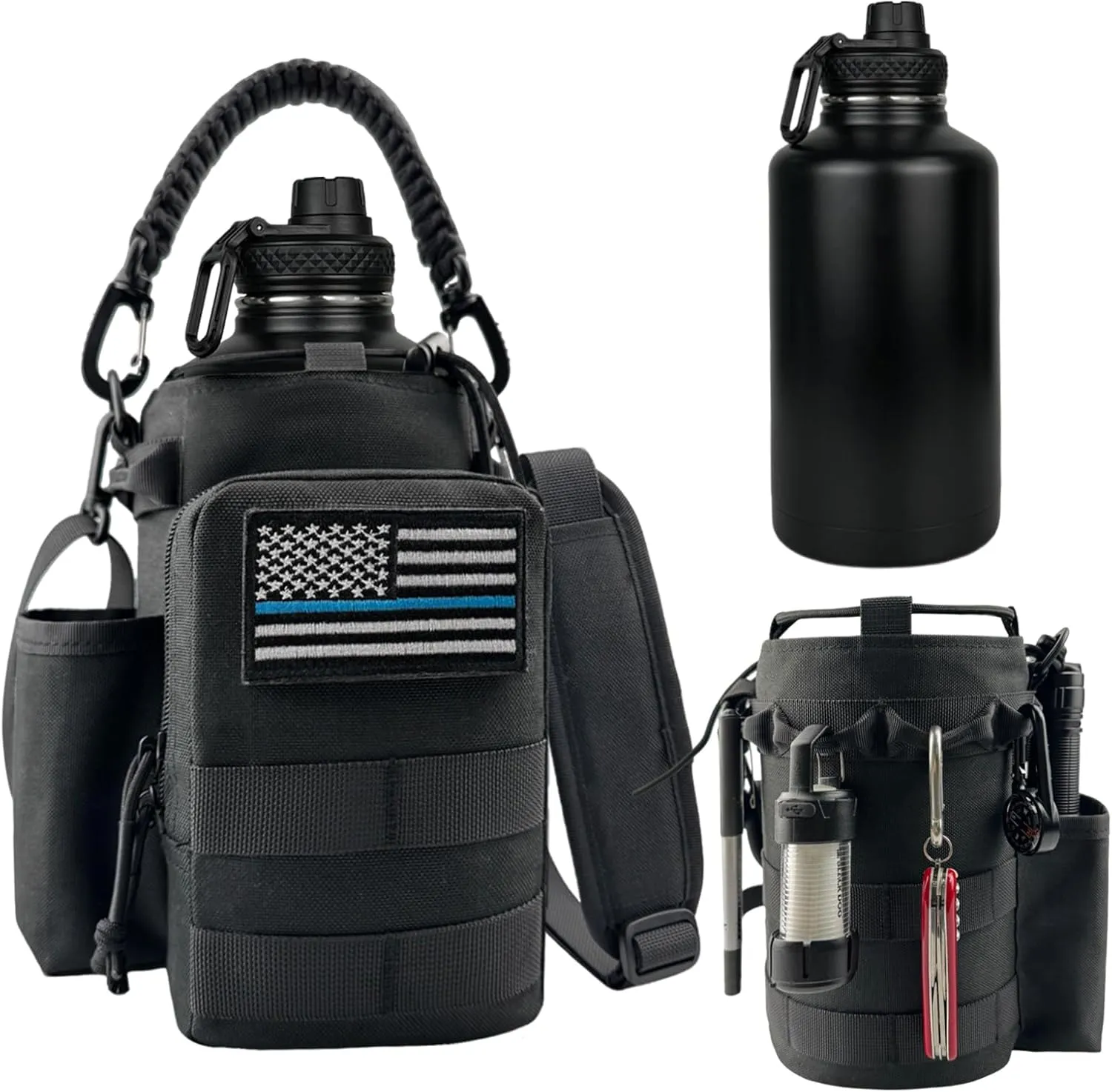 COOLYARD Half Gallon Water Bottle Insulated with Sleeve-64oz Stainless Steel Water Jug with MOLLE Pouch for Gym Workout Hiking Black