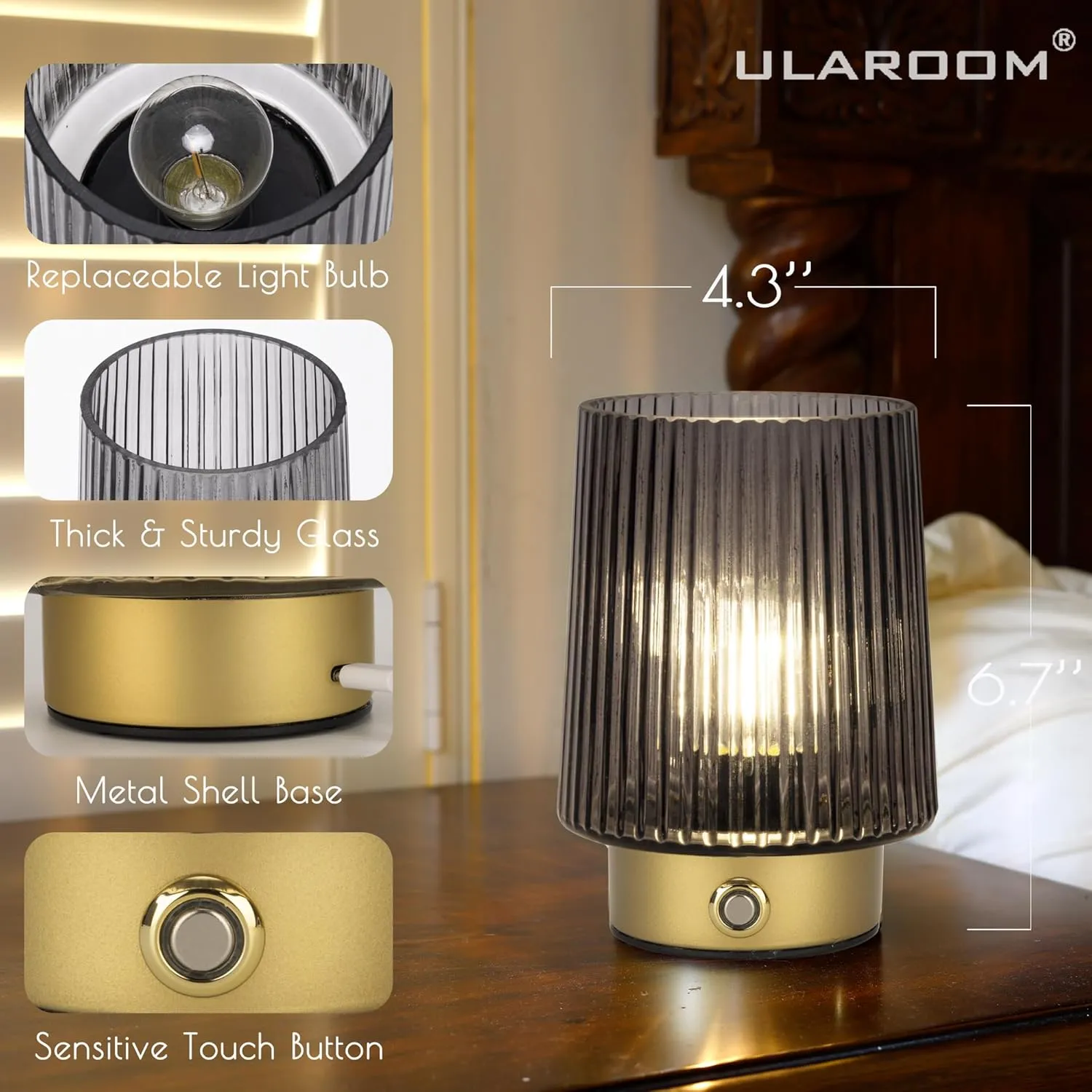 Cordless Lamp Rechargeable Battery Operated lamp, Glass Small Table lamp - Portable Dimmable Brightness Touch Wireless Bedside Lamp for Bedroom Kitchen Dining Home Living Room Decor Grey