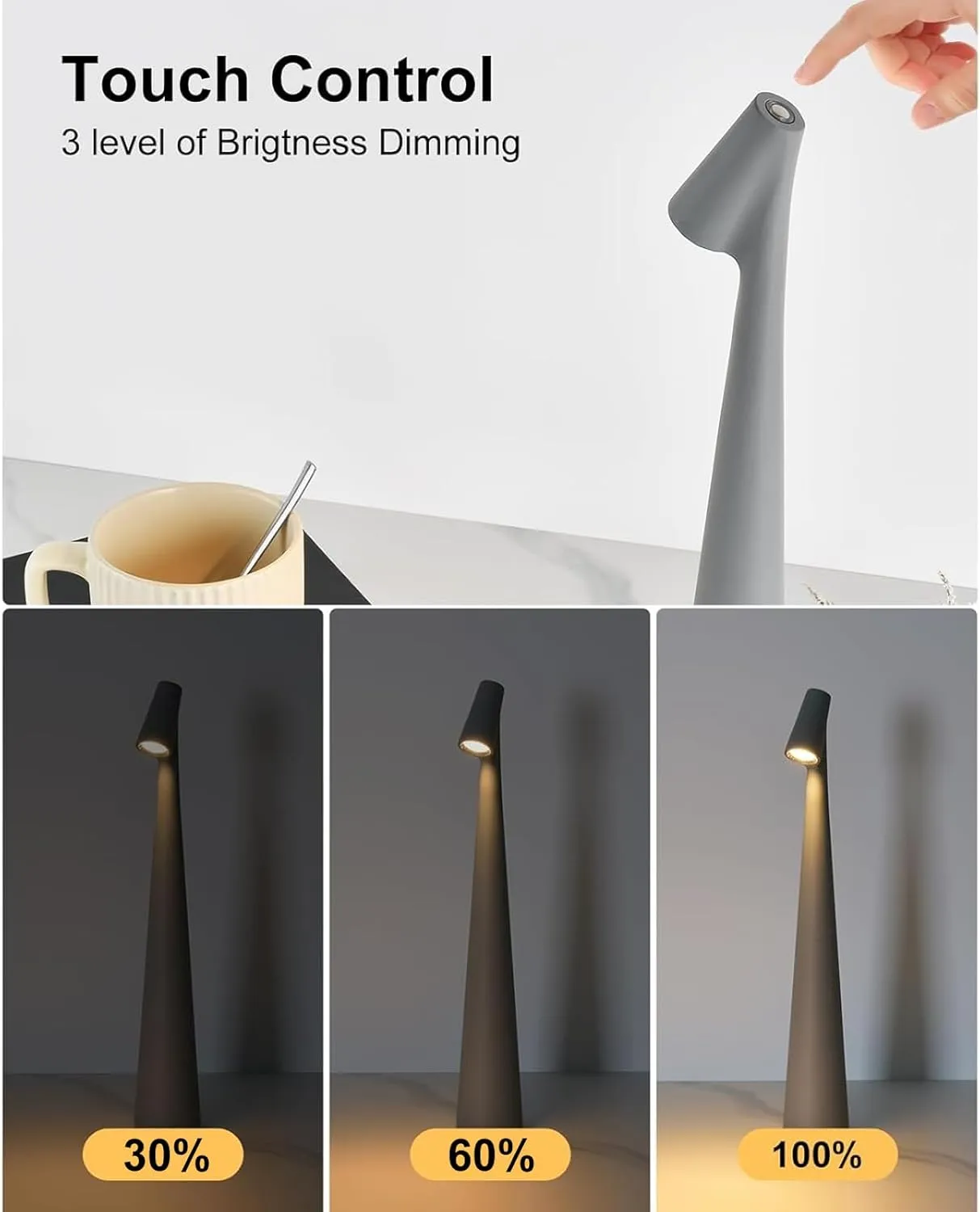 Cordless Small Table Lamps,3 Levels Brightness Portable Desk Lamp,Rechargeable Battery Lights for Outdoor, Restaurant, Bedside, Baby Night Light,Gifts (Grey)