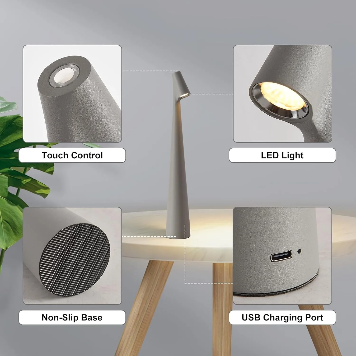 Cordless Small Table Lamps,3 Levels Brightness Portable Desk Lamp,Rechargeable Battery Lights for Outdoor, Restaurant, Bedside, Baby Night Light,Gifts (Grey)