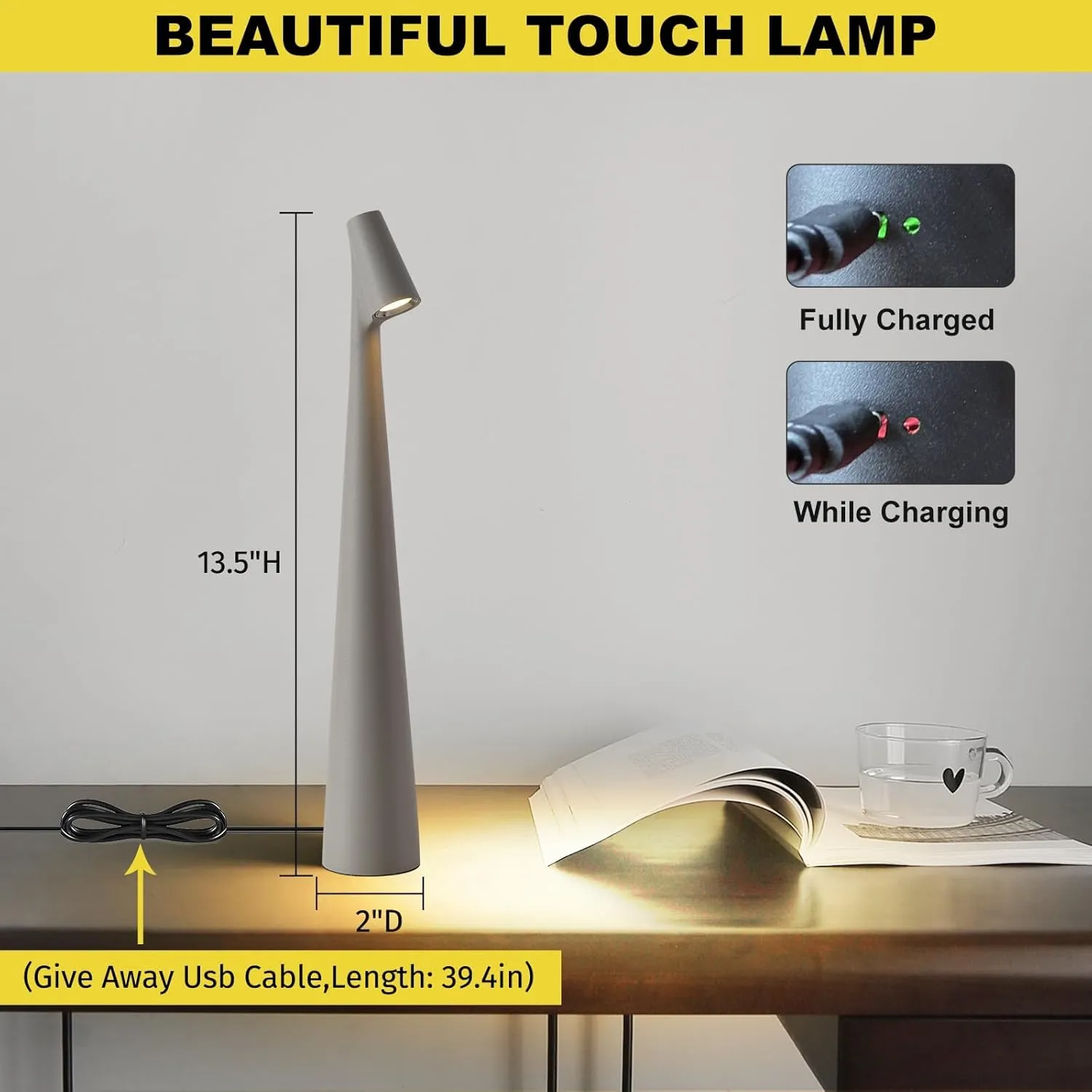 Cordless Small Table Lamps,3 Levels Brightness Portable Desk Lamp,Rechargeable Battery Lights for Outdoor, Restaurant, Bedside, Baby Night Light,Gifts (Grey)