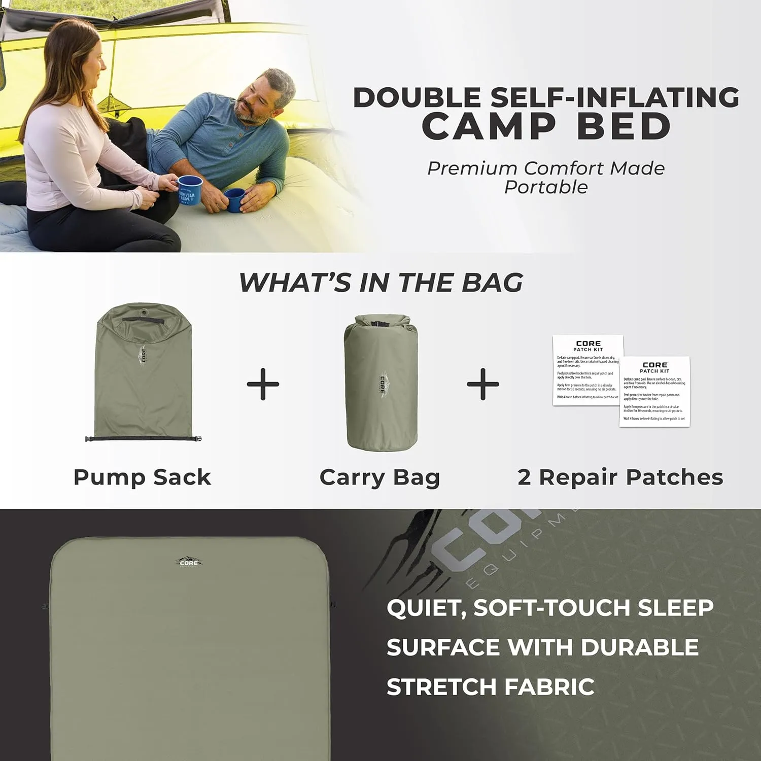 CORE Double Self Inflating Camping Bed | Perfect Blow Up Mattress for Travel Car Camping & Outdoor Use | Air & Foam Filled Inflatable Sleeping Pad for Adults