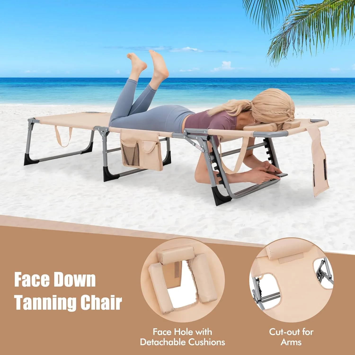 COSTWAY Folding Beach Lounge Chair, Tanning Chair with Face Hole, 5-Position Adjustable Backrest, Pillow & Side Pocket, Foldable Chaise Lounge Chair Outdoor for Sunbathing, Camping (1, Beige)