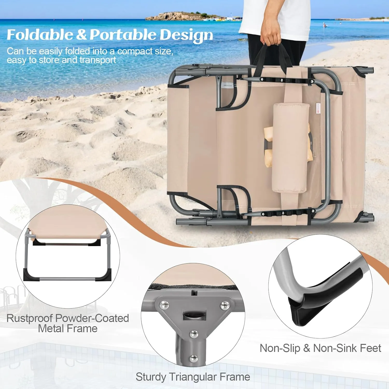 COSTWAY Folding Beach Lounge Chair, Tanning Chair with Face Hole, 5-Position Adjustable Backrest, Pillow & Side Pocket, Foldable Chaise Lounge Chair Outdoor for Sunbathing, Camping (1, Beige)