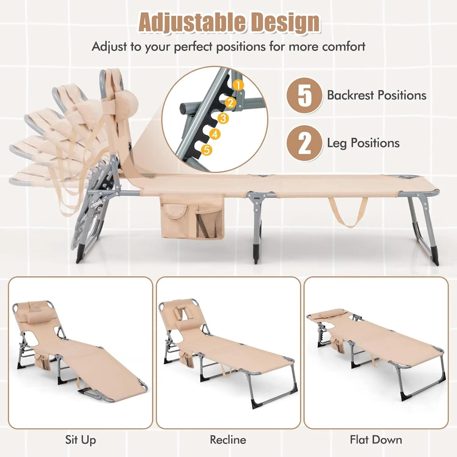 COSTWAY Folding Beach Lounge Chair, Tanning Chair with Face Hole, 5-Position Adjustable Backrest, Pillow & Side Pocket, Foldable Chaise Lounge Chair Outdoor for Sunbathing, Camping (1, Beige)
