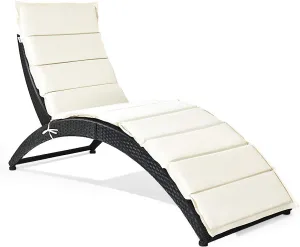COSTWAY Folding Patio Rattan Lounge Chair Chaise Cushioned Portable Garden Lawn Beige